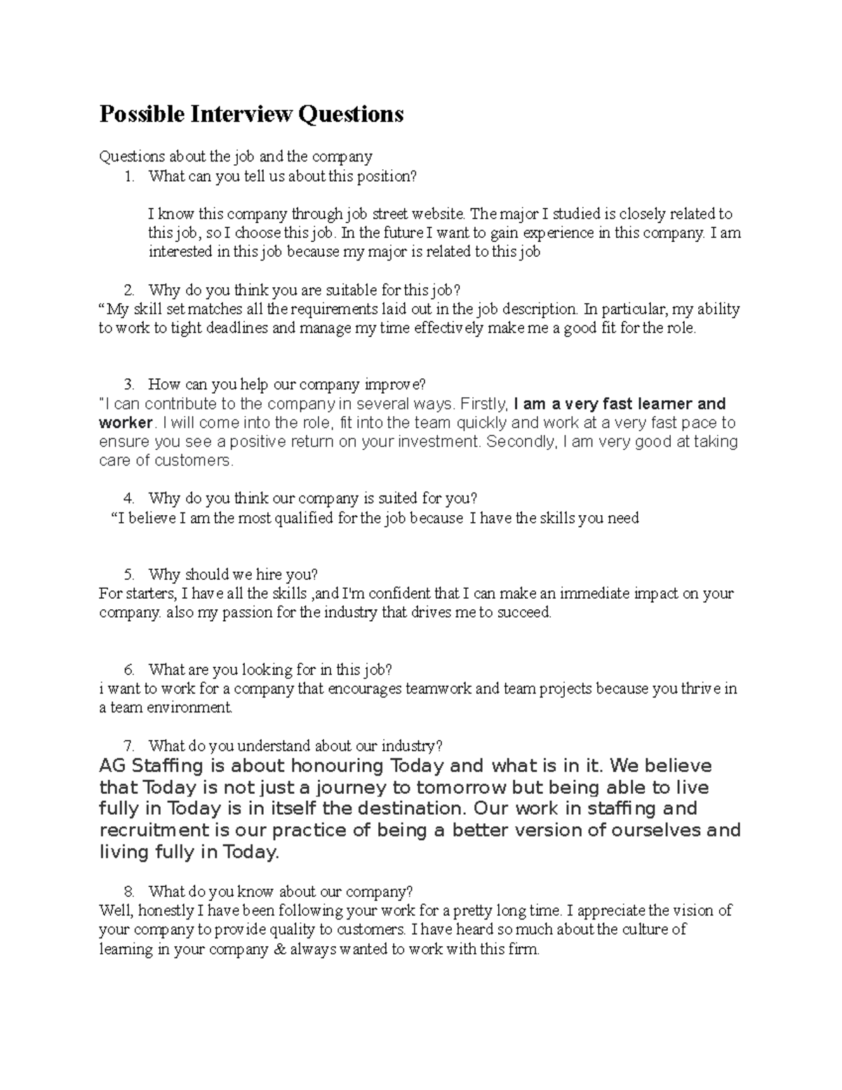 Possible Interview Questions - Possible Interview Questions Questions ...