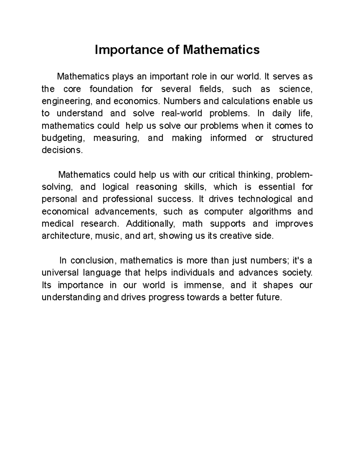 Imp. of Math - lol - Importance of Mathematics Mathematics plays an ...