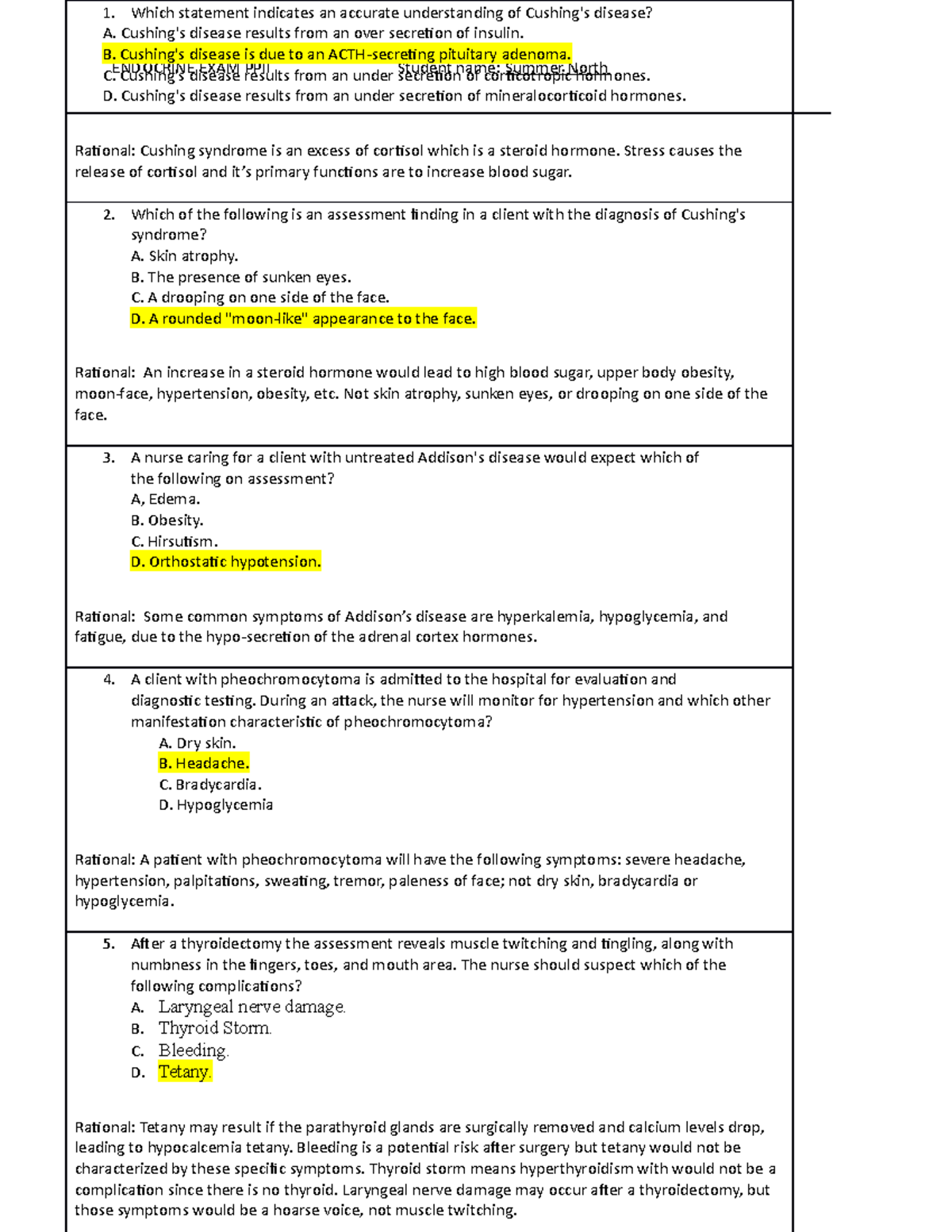 EXAM Endocrine Nursing Fundamentals - ENDOCRINE EXAM PPII Student Name ...