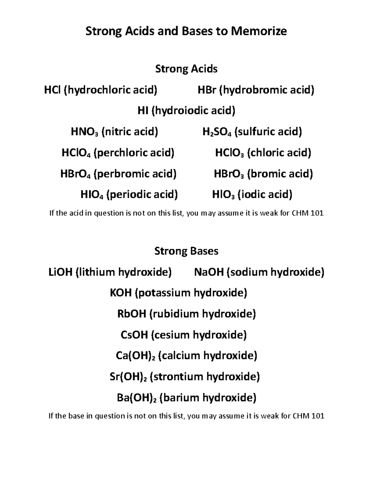 Strong Acids and Bases to Memorize v2 Strong Acids and Bases to