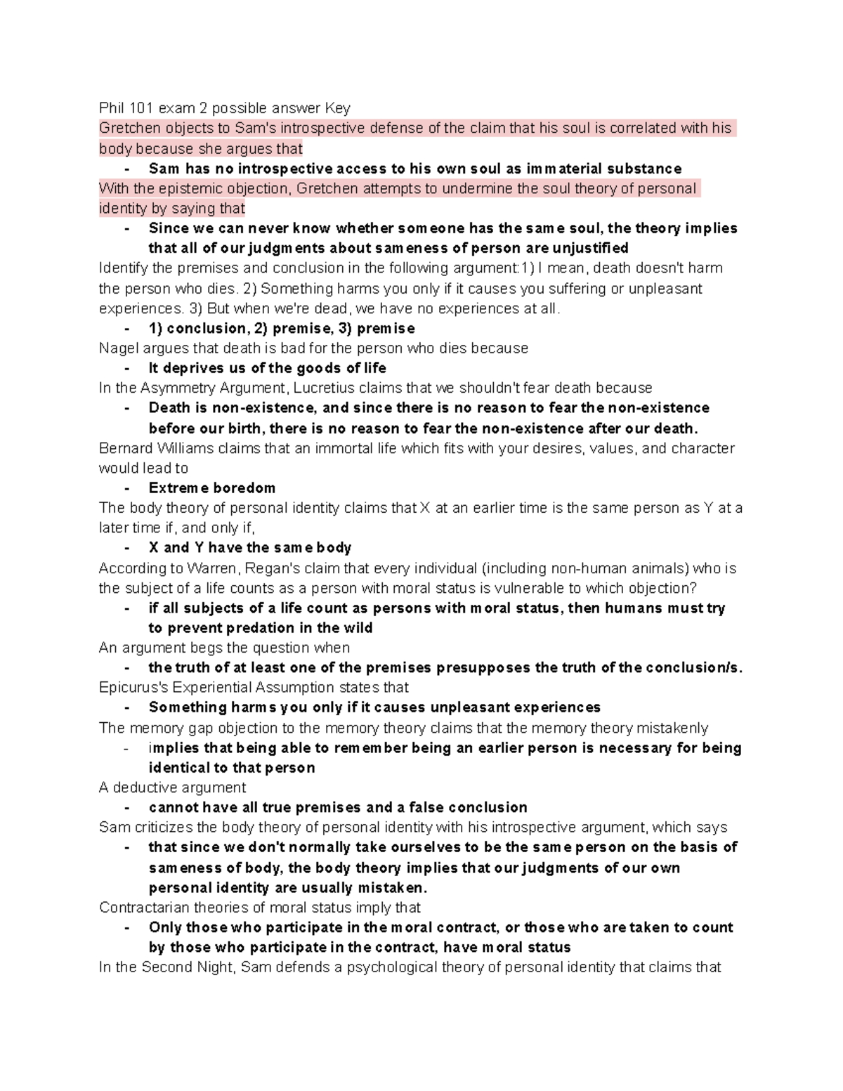 Phil 101 exam 2 possible answer Key - Phil 101 exam 2 possible answer ...