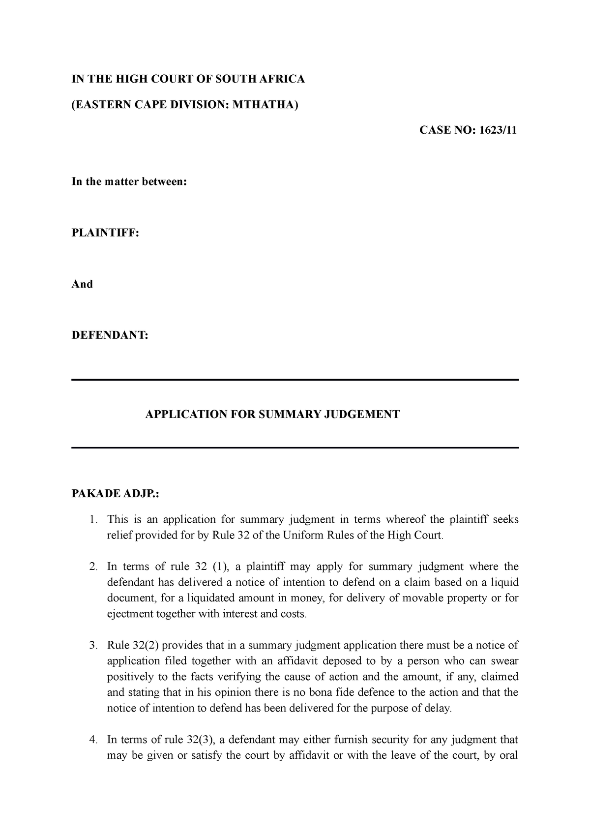 Application FOR Summary Judgement IN THE HIGH COURT OF SOUTH AFRICA 