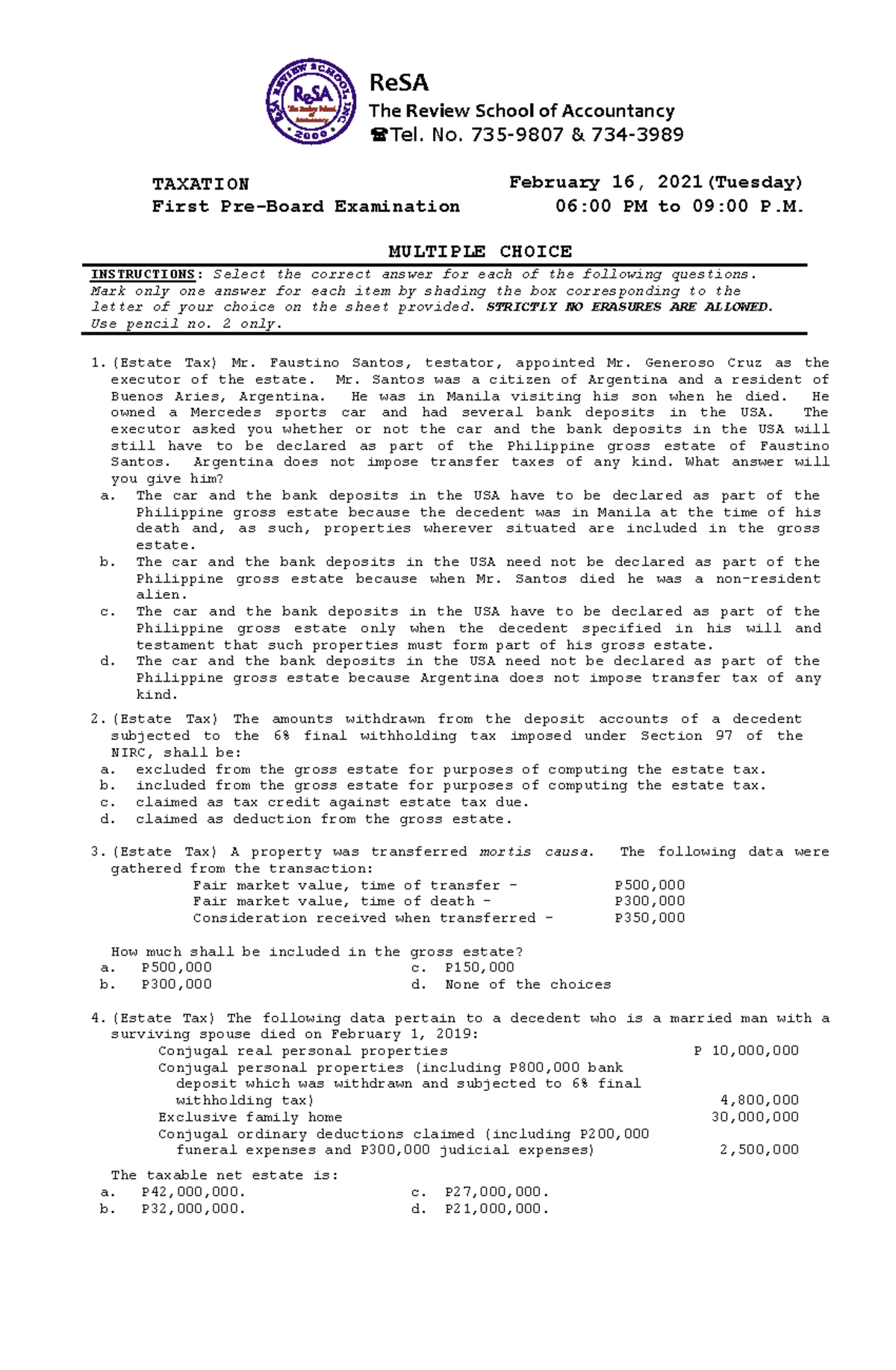 TAX B41 First Pre-Board Exams (Questions, Answers & Solutions) - ReSA ...