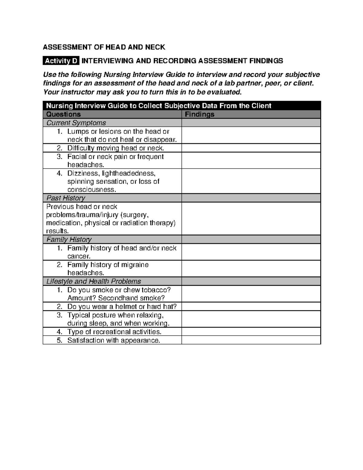Interview-Head-and-Neck 642390979 - ASSESSMENT OF HEAD AND NECK ...
