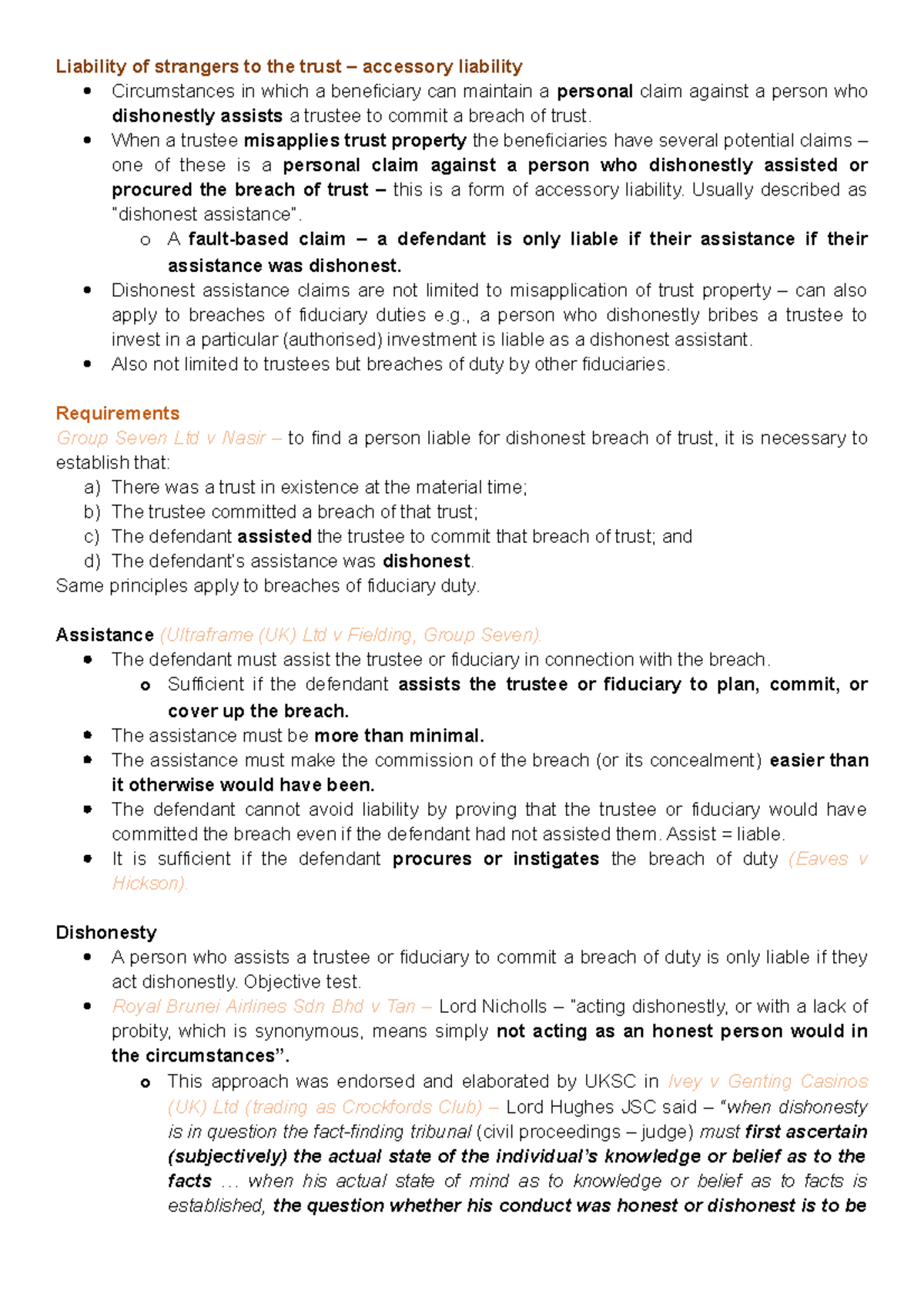 Accessory liability Liability of strangers to the trust accessory liability Circumstances in