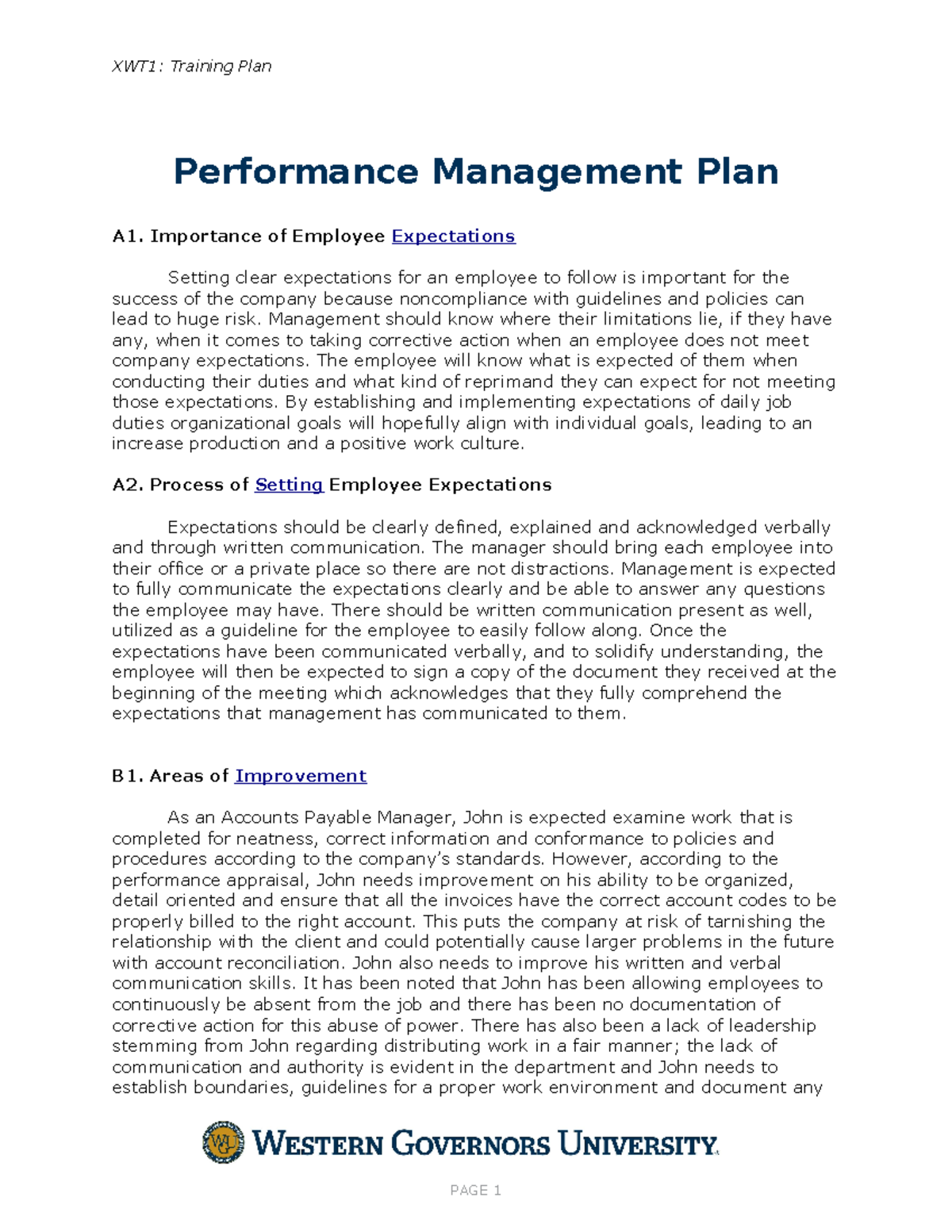 C235 Task 2 Performance Management - XWT1: Training Plan Performance ...