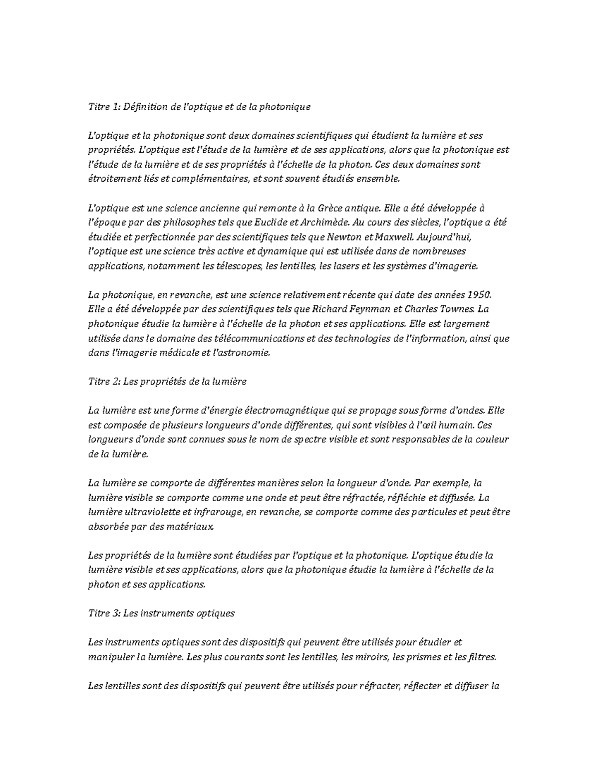 Optics and Photonics Study Notes Titre 1 Définition de l'optique et