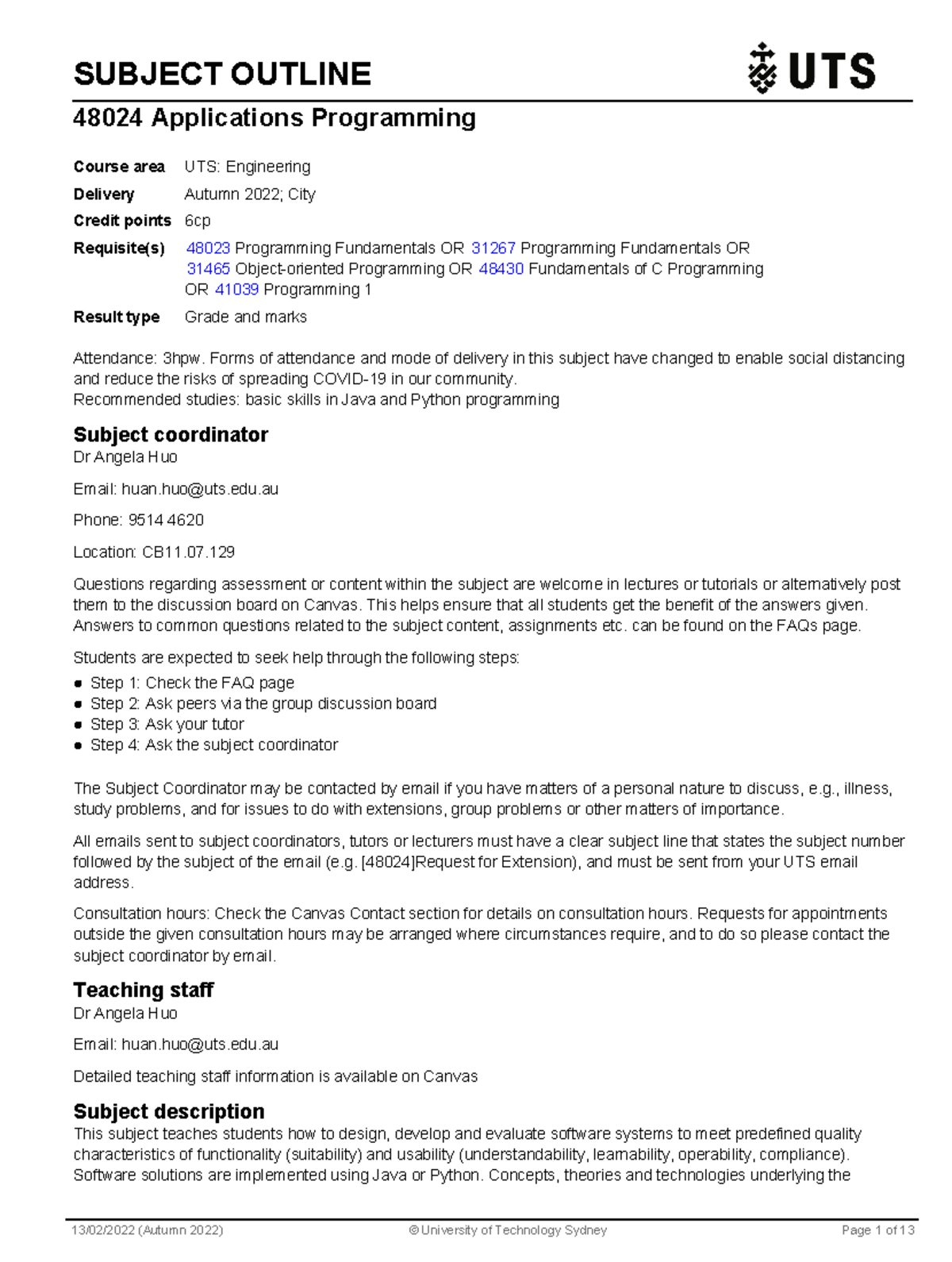 Application Programming - SUBJECT OUTLINE 48024 Applications ...
