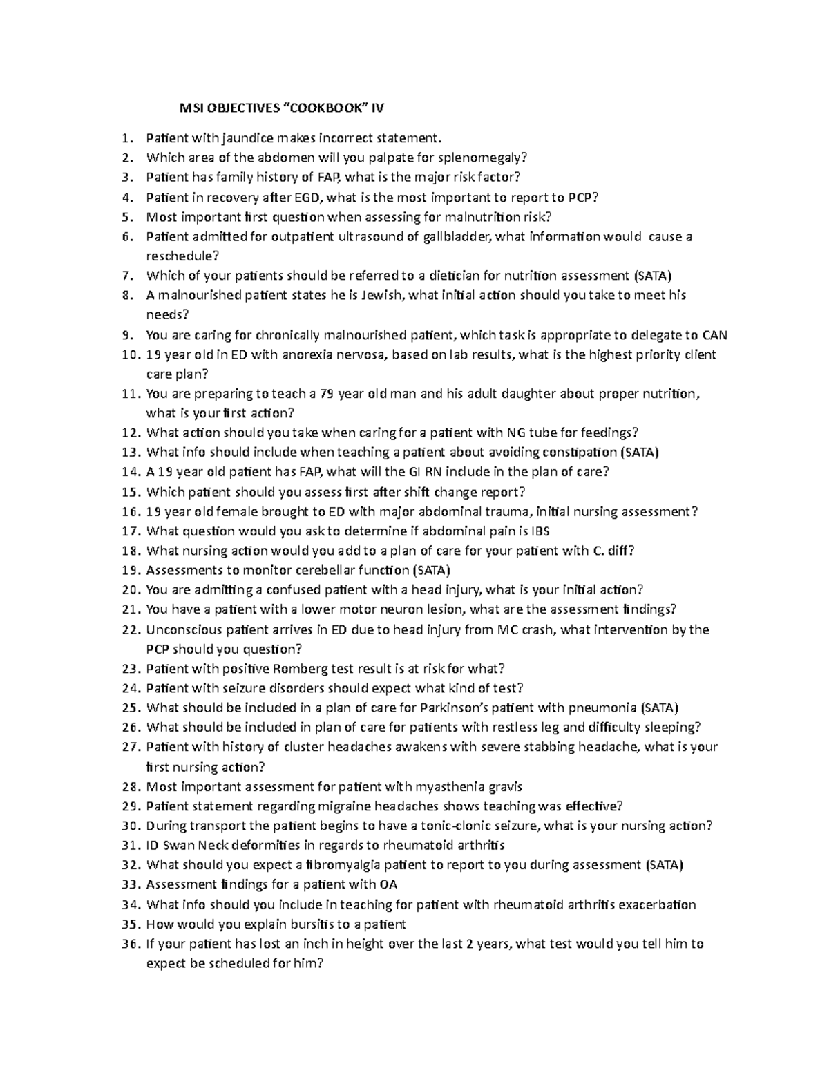 MED SURG IV test - Study guide - MSI OBJECTIVES “COOKBOOK” IV Patient ...