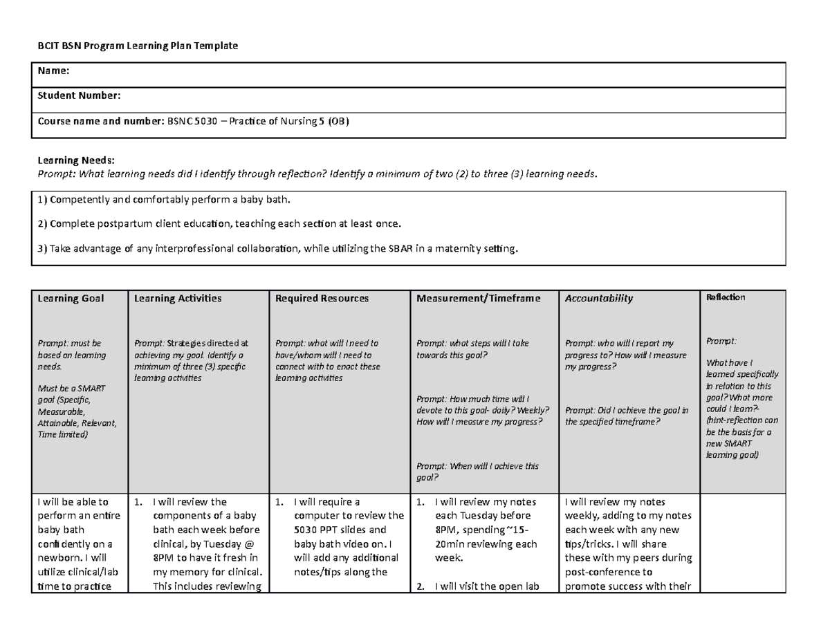 5030 OB Learning Plan - BCIT BSN Program Learning Plan Template Name ...