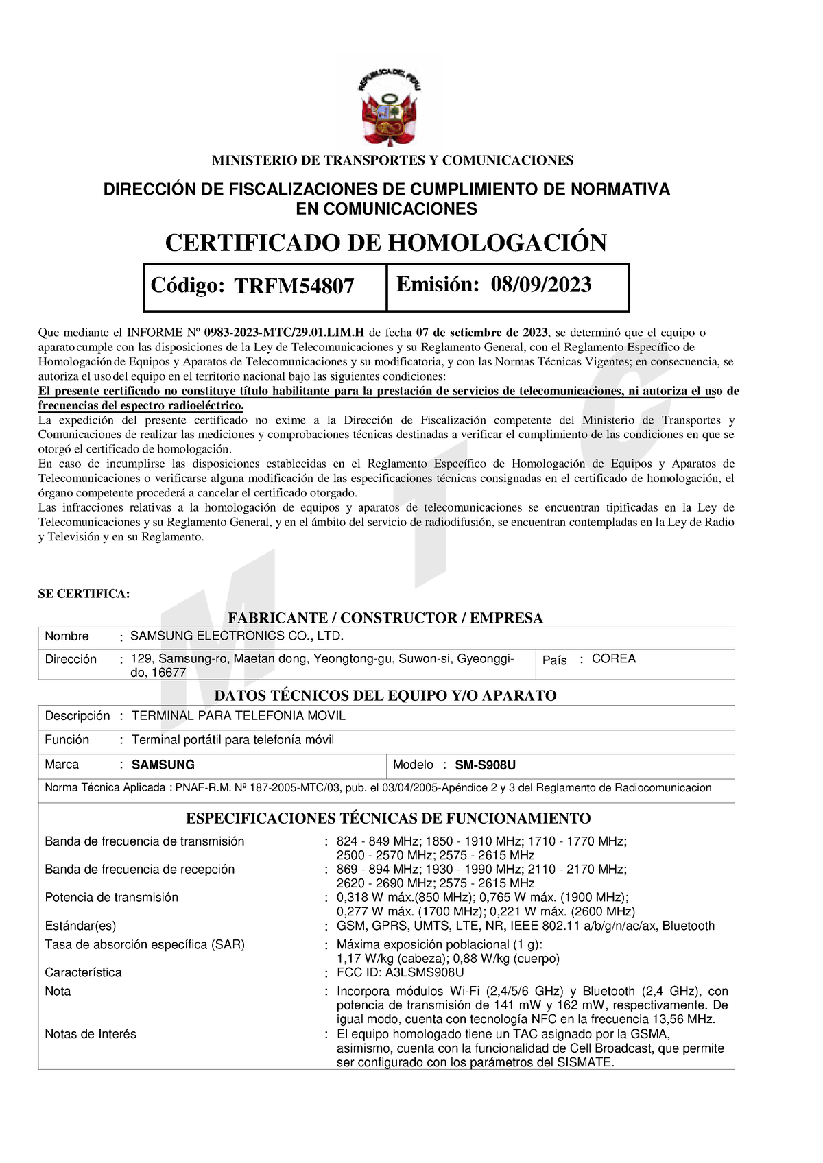 TRFM54807 - CERTIFICADO DE HOMOLOGACION S908 - MINISTERIO DE ...