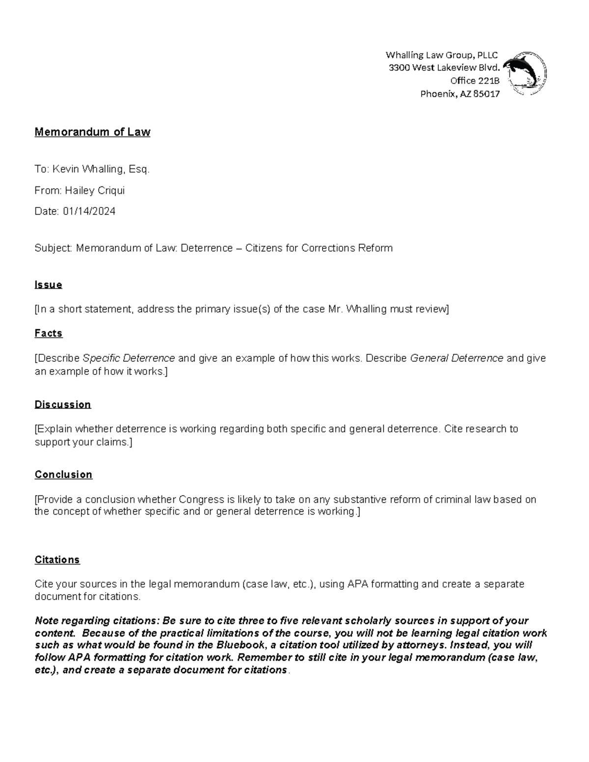 JUS104 Topic 6 Memorandum of Law Template Whalling Law Group, PLLC