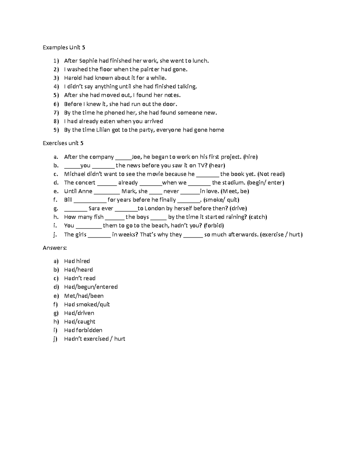 UNIT 5 - Material ingles - Examples Unit 5 1) After Sophie had finished ...