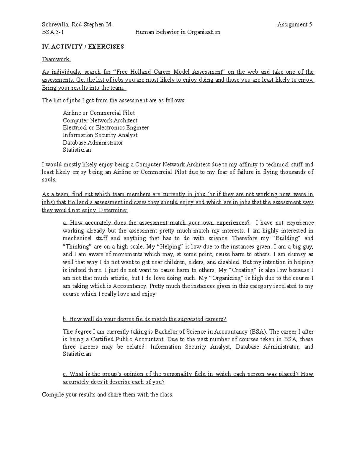 assignment in minor subjects - Sobrevilla, Rod Stephen M. Assignment 5 ...