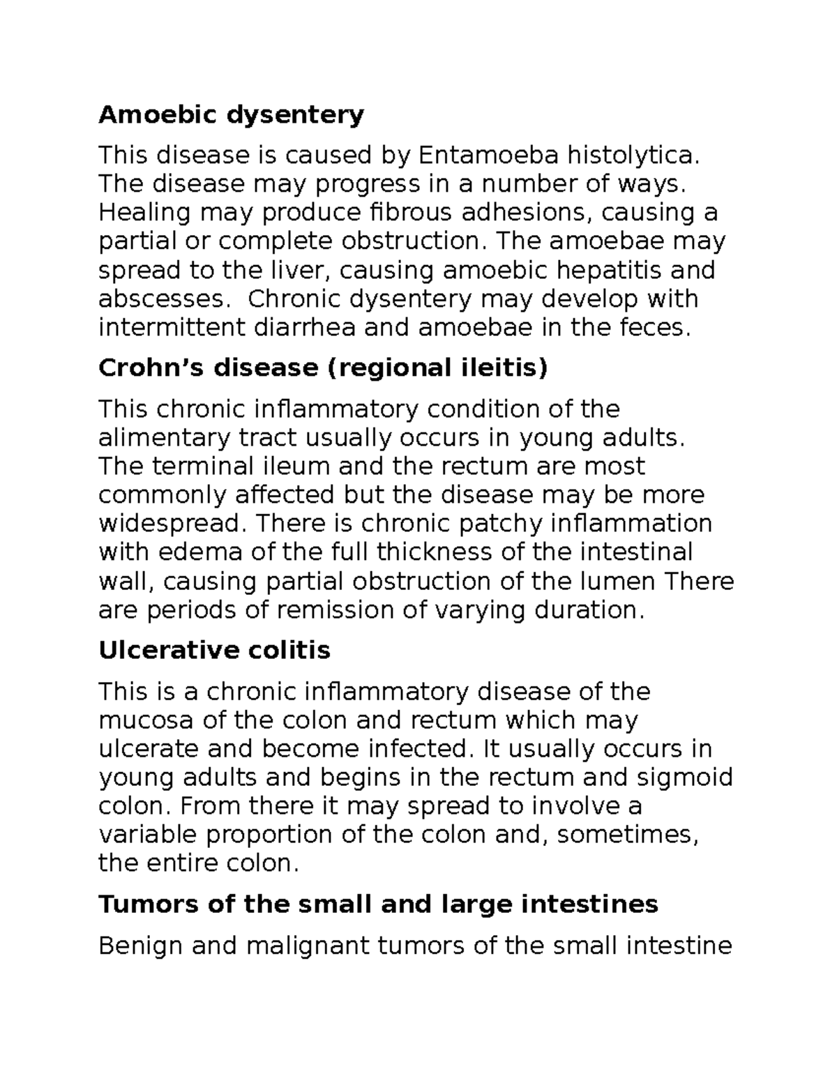 Bio 26 - notes - Amoebic dysentery This disease is caused by Entamoeba ...
