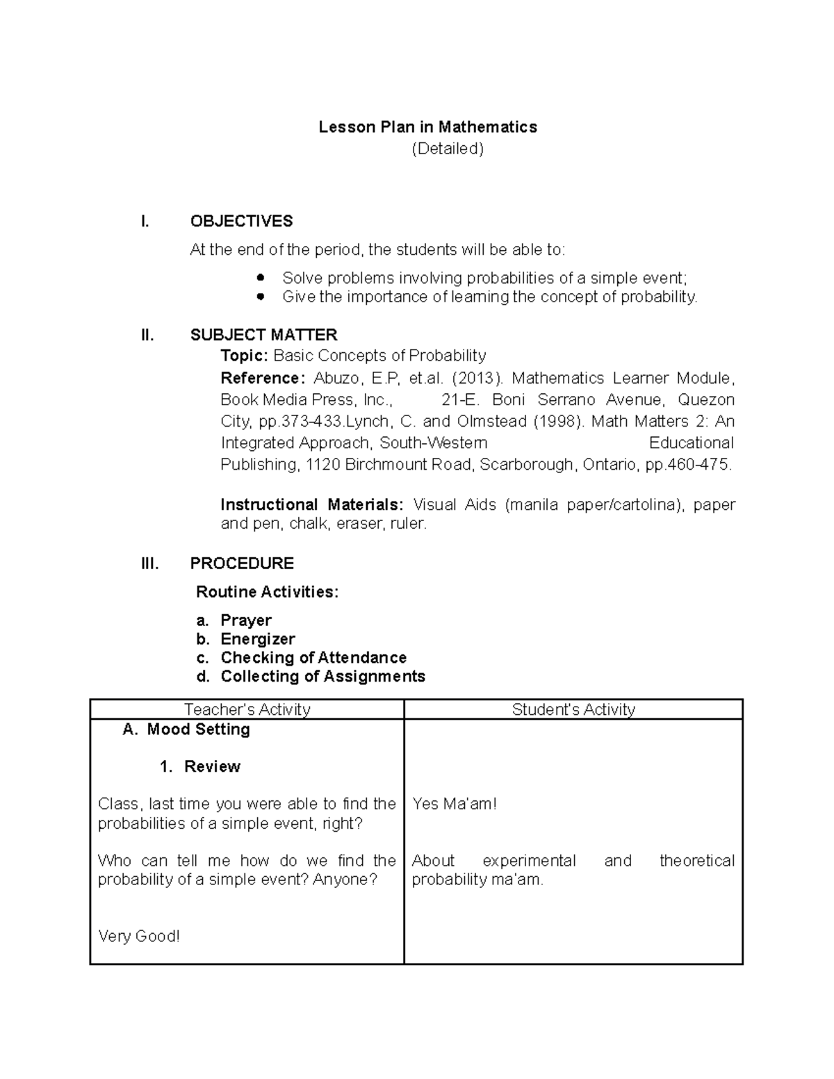 Lesson Plan in Basic Concepts of Probability - Lesson Plan in ...