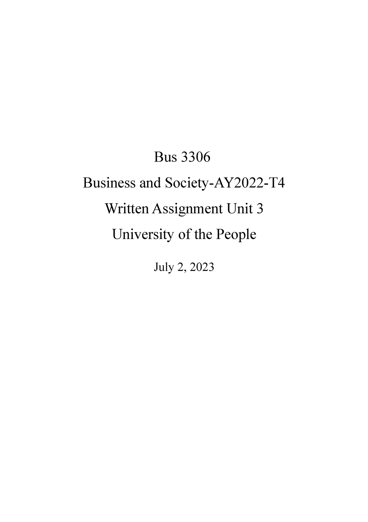 BUS 3306 Written Assingment Unit 3 - University Of The People - Bus ...