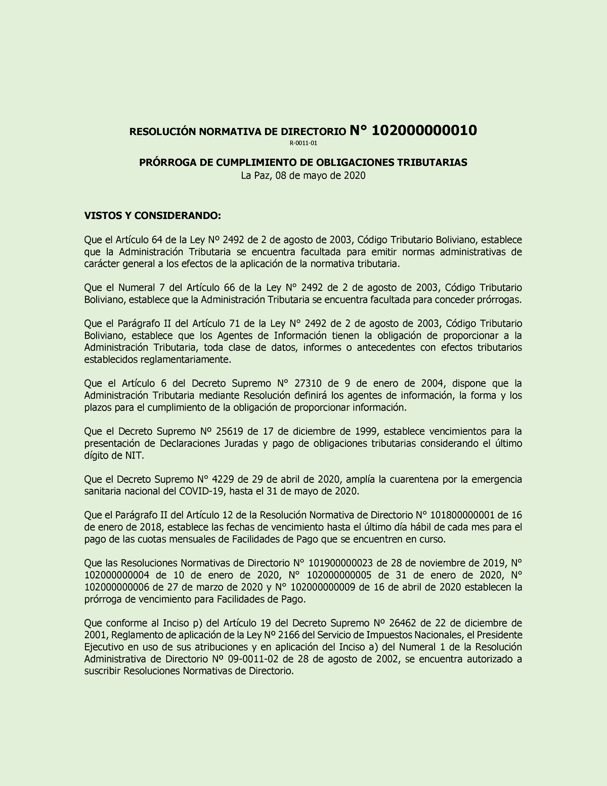 Ultima Prorroga DE Impuestos-2020 - RESOLUCI”N NORMATIVA DE DIRECTORIO ...