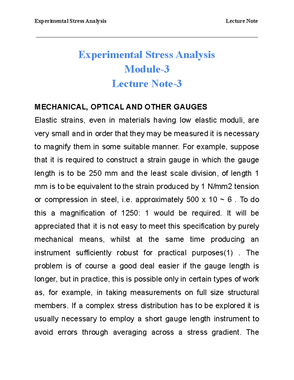 Experimental Stress Analysis Module 3 Lecture Note 3 - Experimental ...