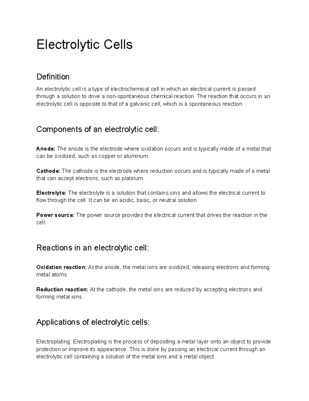 General Chemistry I (CHM1010) Lecture 35 Electrolytic Cells Electrolytic Cells Definition