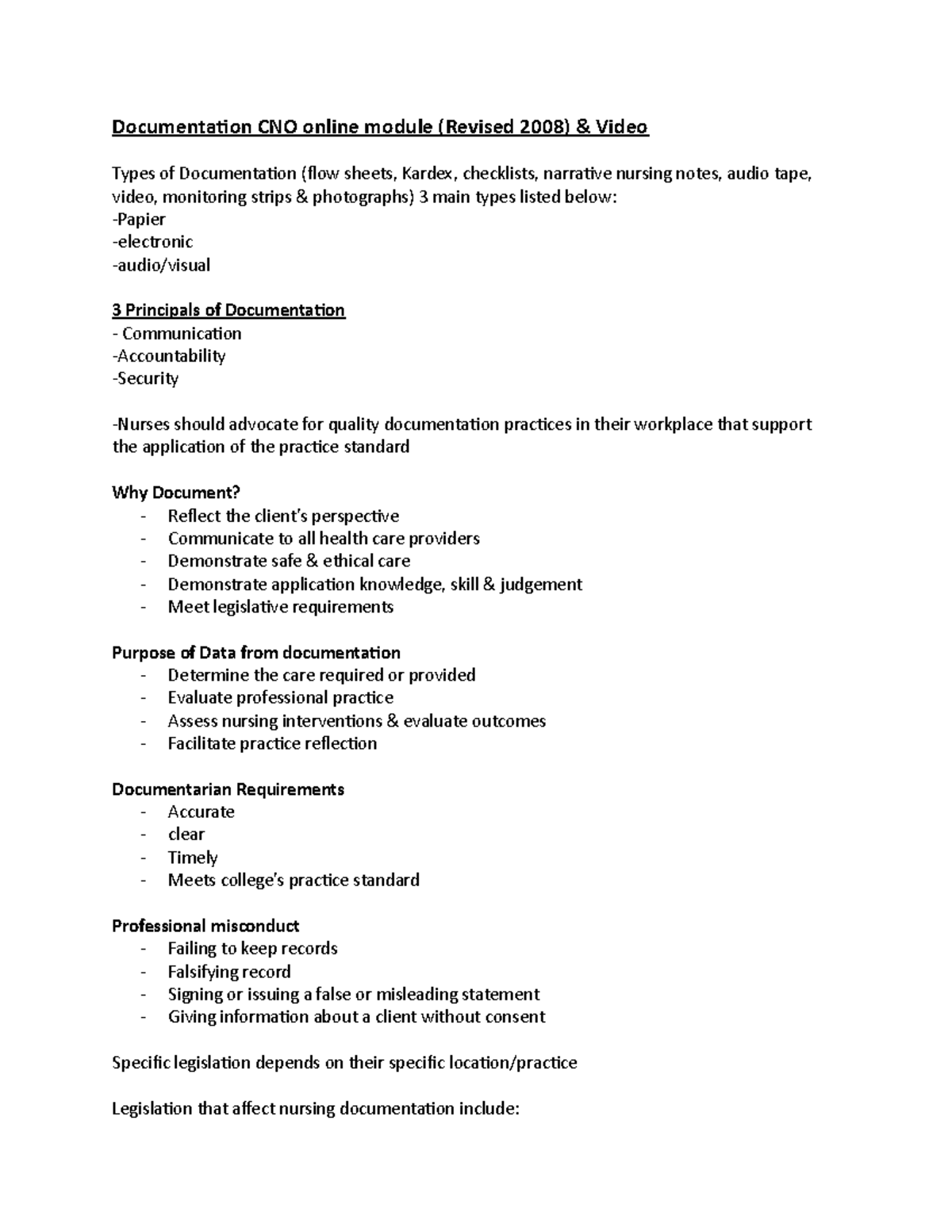Documentation CNO online module What should the nurse document in the client’s health record