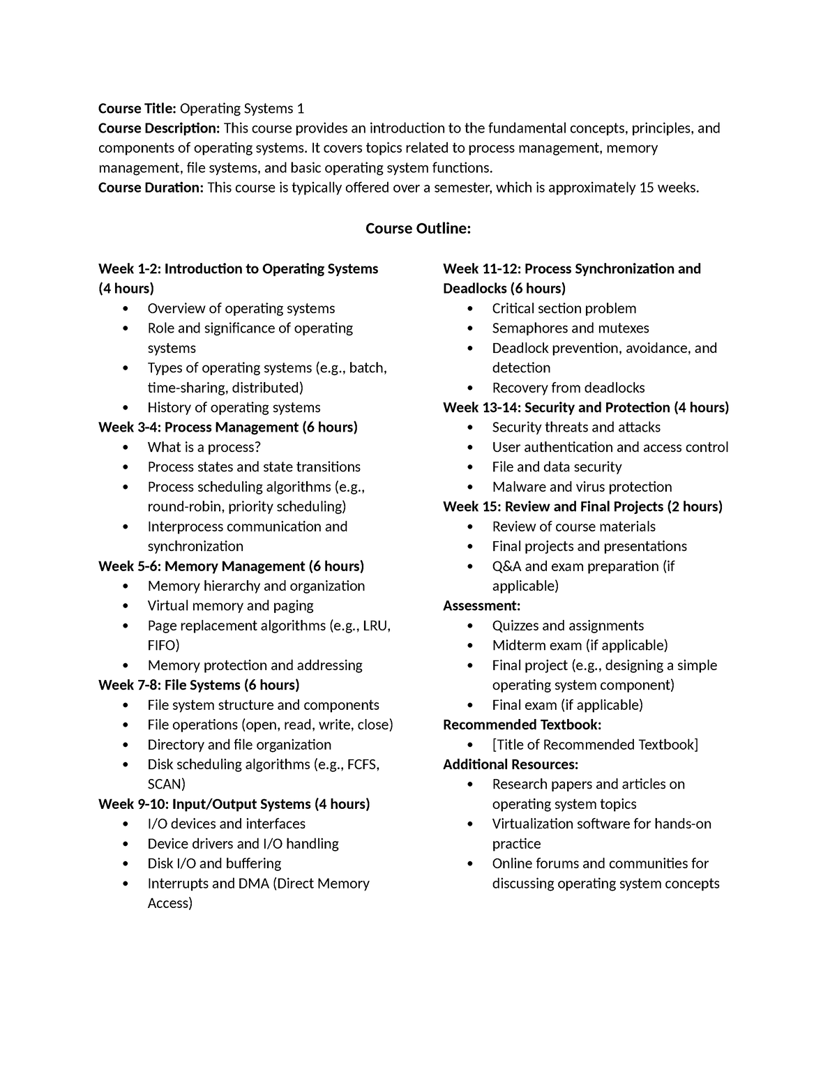 Course Outline Operating system 1 - Course Title: Operating Systems 1 ...