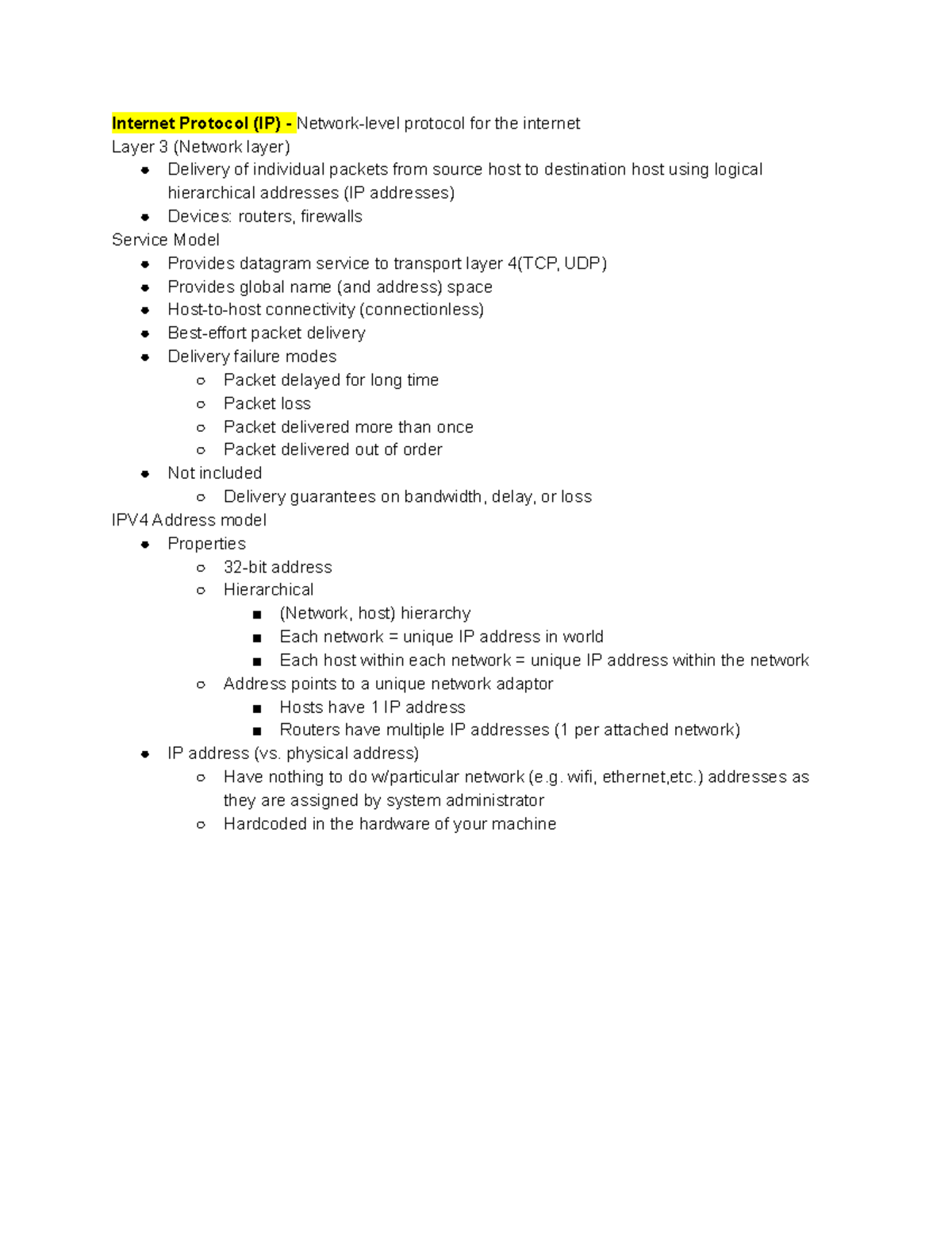 Exam2 Notes - Internet Protocol (IP) - Network-level protocol for the ...