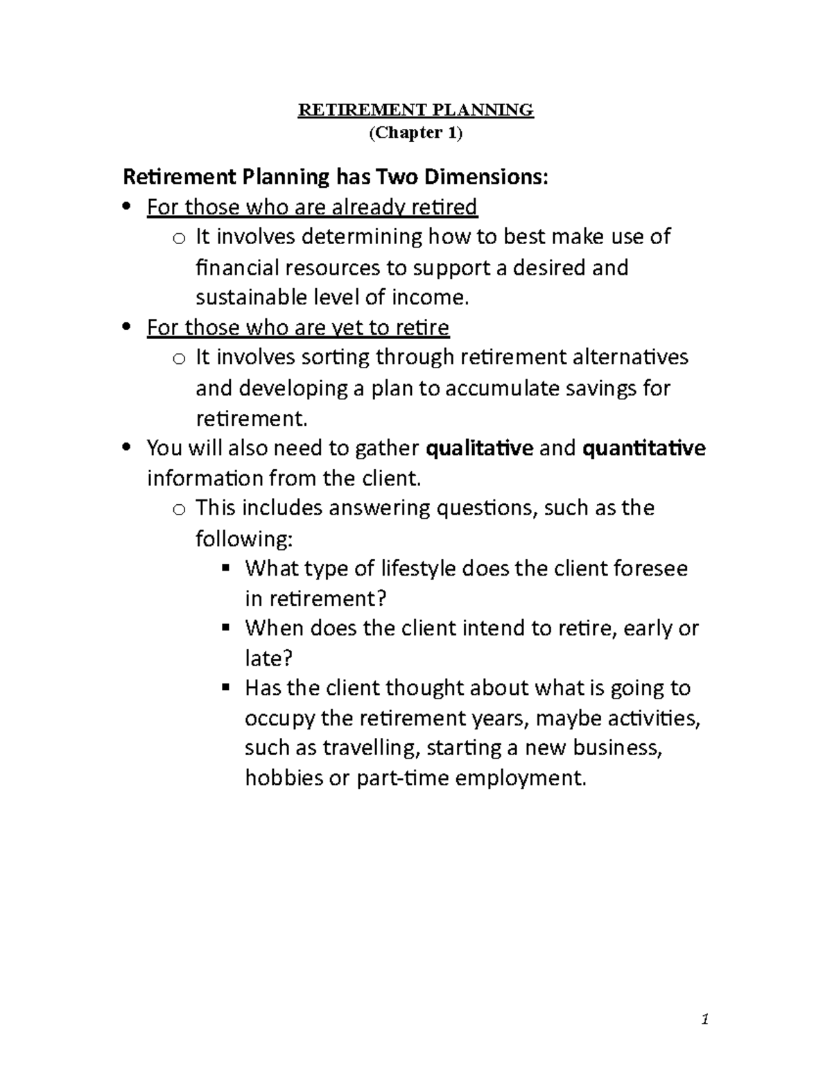 Retirement Planning (Class Lecture Notes - Week 1) - RETIREMENT ...