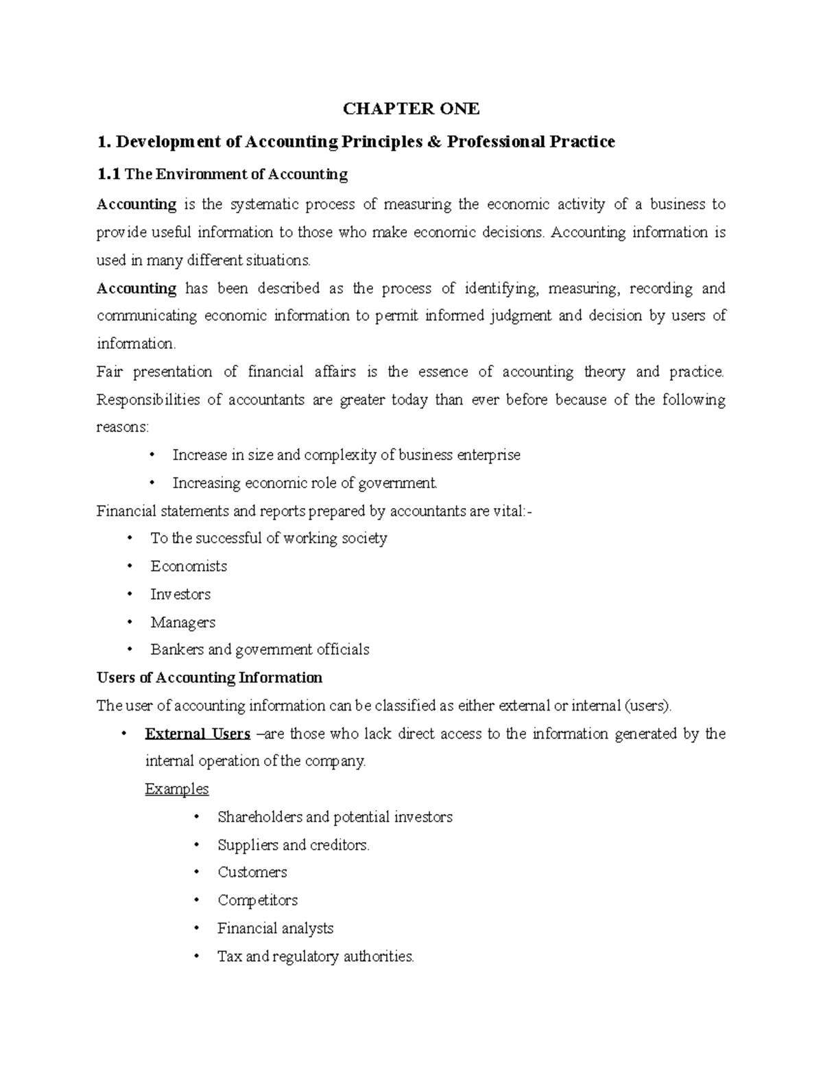 IFA Chapter 1 - CHAPTER ONE 1. Development of Accounting Principles ...