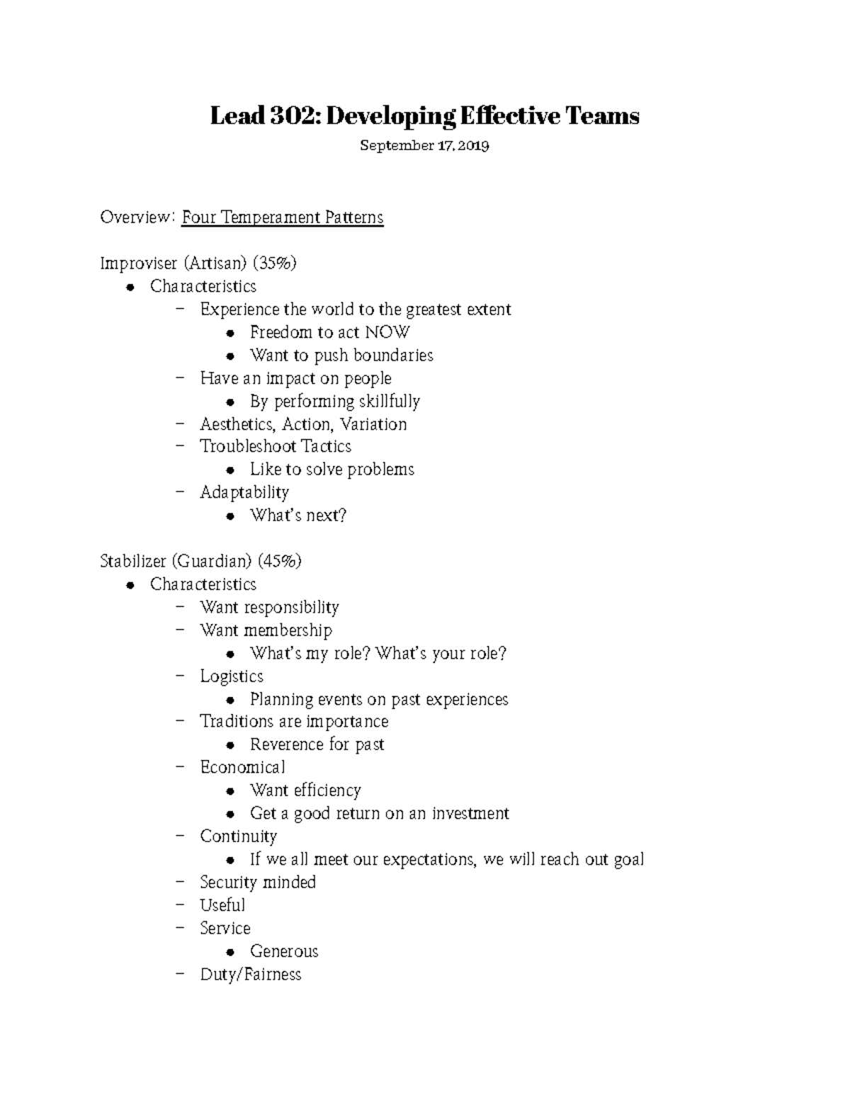 Temperament patterns lead 302 developing effective teams september