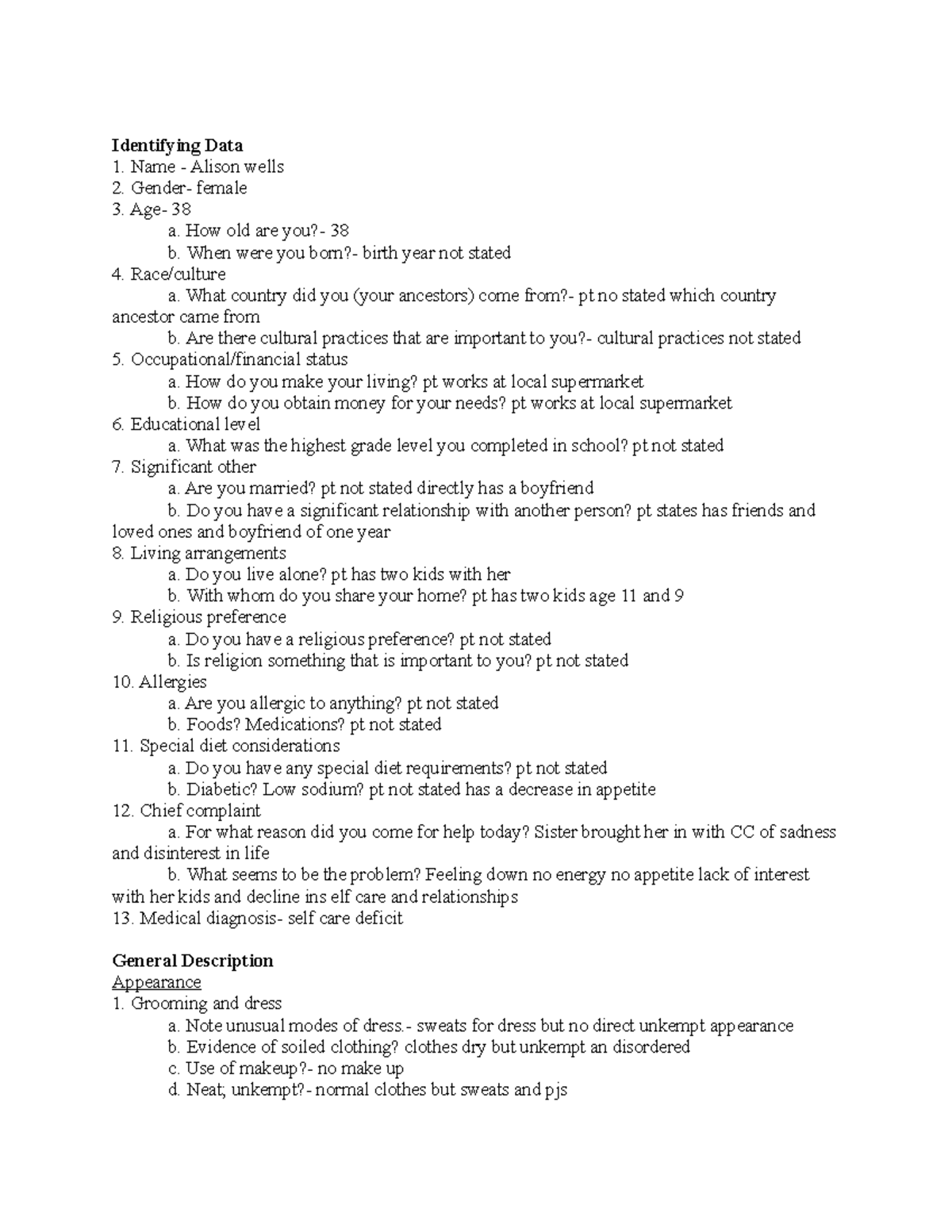 MDD MSE - Identifying Data Name - Alison wells Gender- female Age- 38 a ...