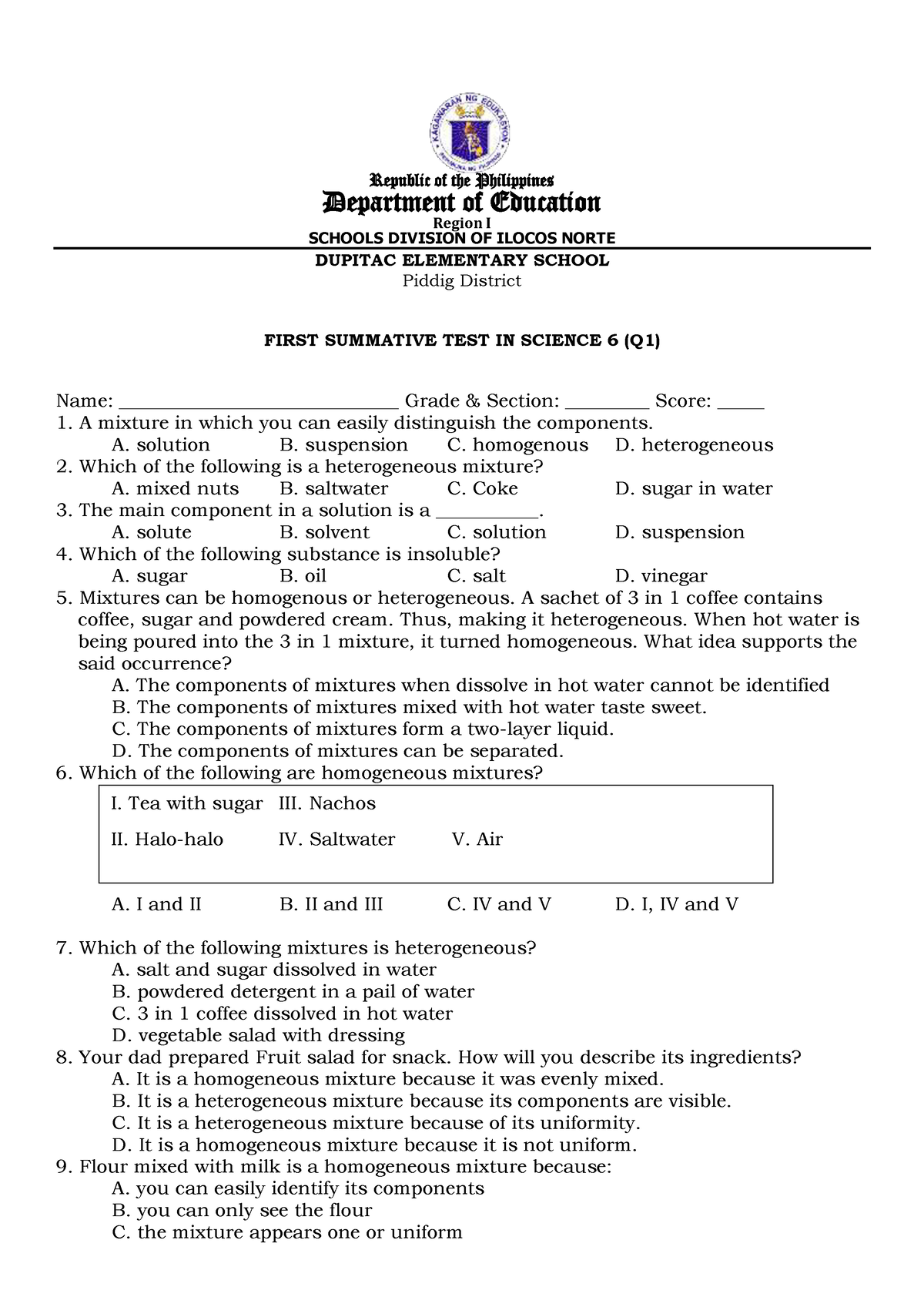 Q1 Summative-TEST 1 - Test - Republic Of The Philippines Department Of ...