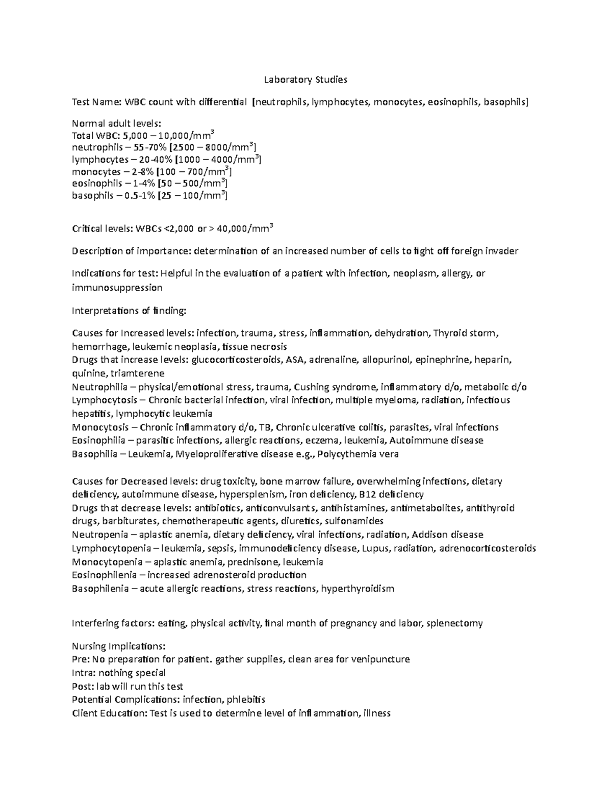 Lab Studies WBC Laboratory Studies Test Name WBC count with differential [neutrophils, Studocu