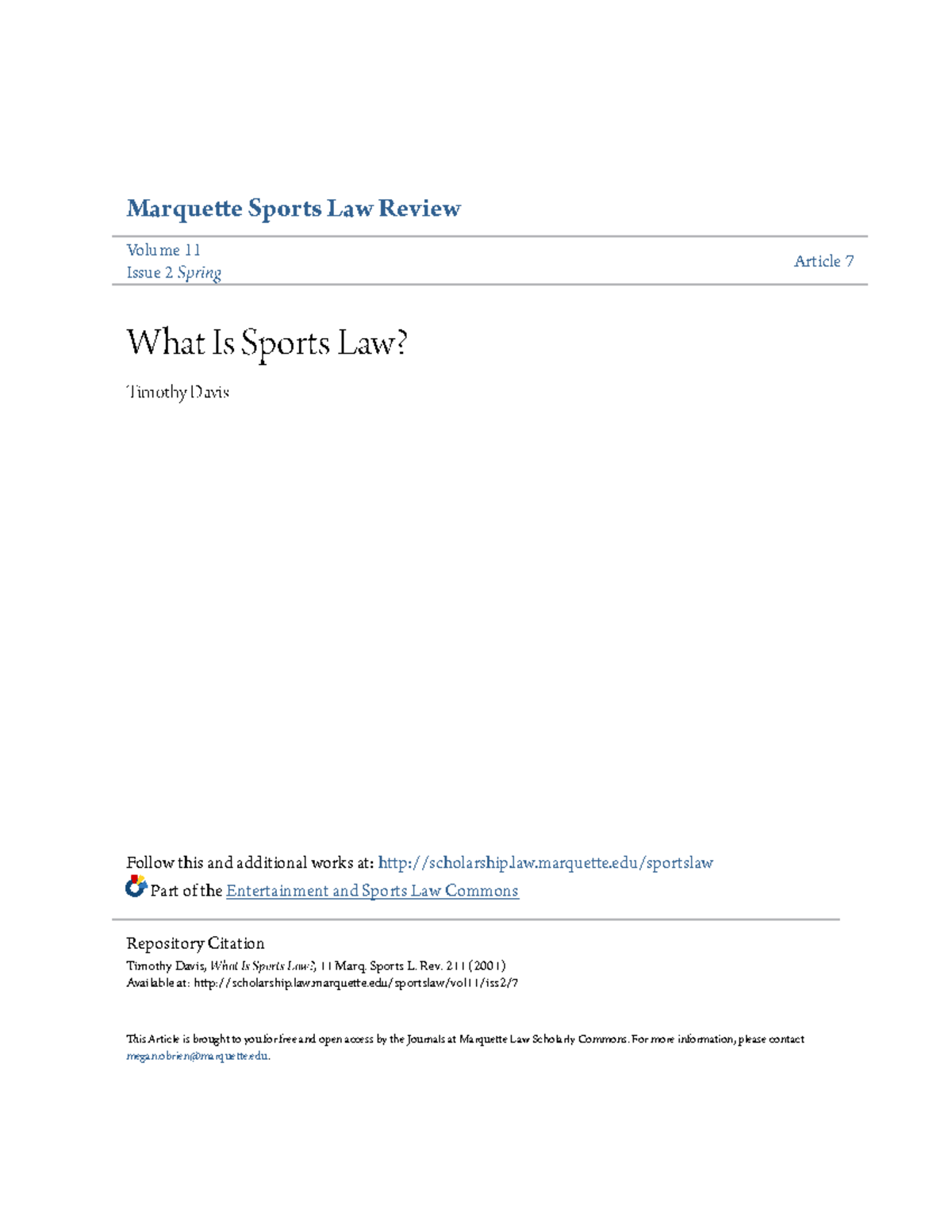 What Is Sports Law notes Marquette Sports Law Review Volume 11