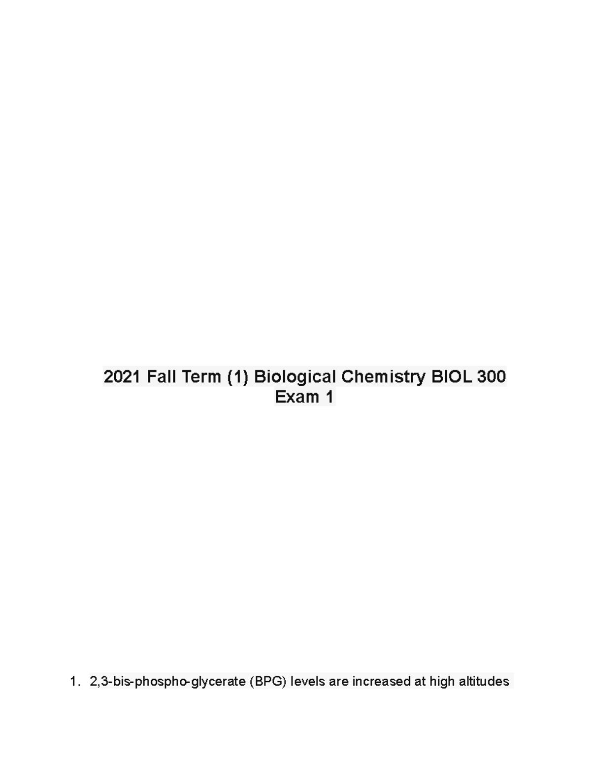 BIOL 300 2021 Exam 1 - BIOL 300 2021 Exam 1 - 2021 Fall Term (1 ...