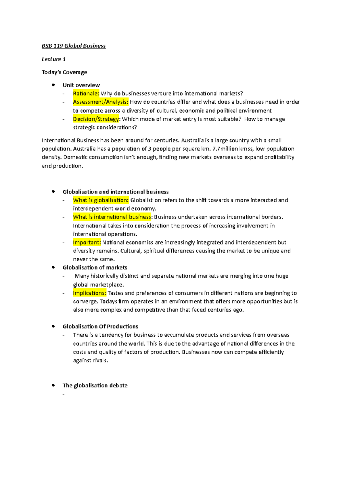 Dentistry Assessment 2 - BSB 119 Global Business Lecture 1 Today’s ...