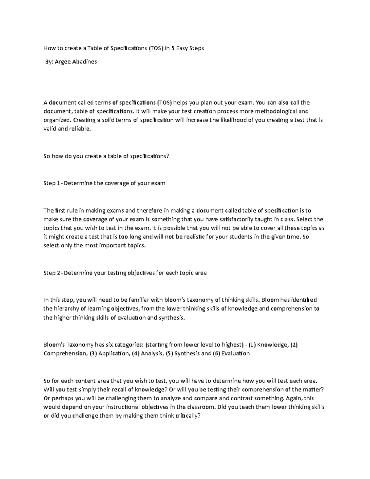 How to create a Table of Specifications You can also call the