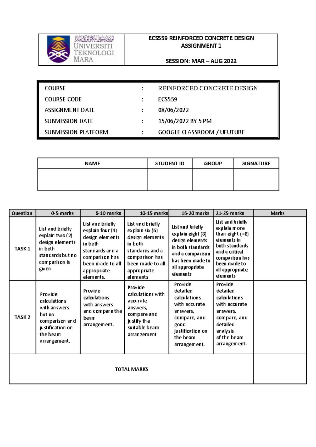 Assignment ECS559 20222 - ECS559 REINFORCED CONCRETE DESIGN ASSIGNMENT ...