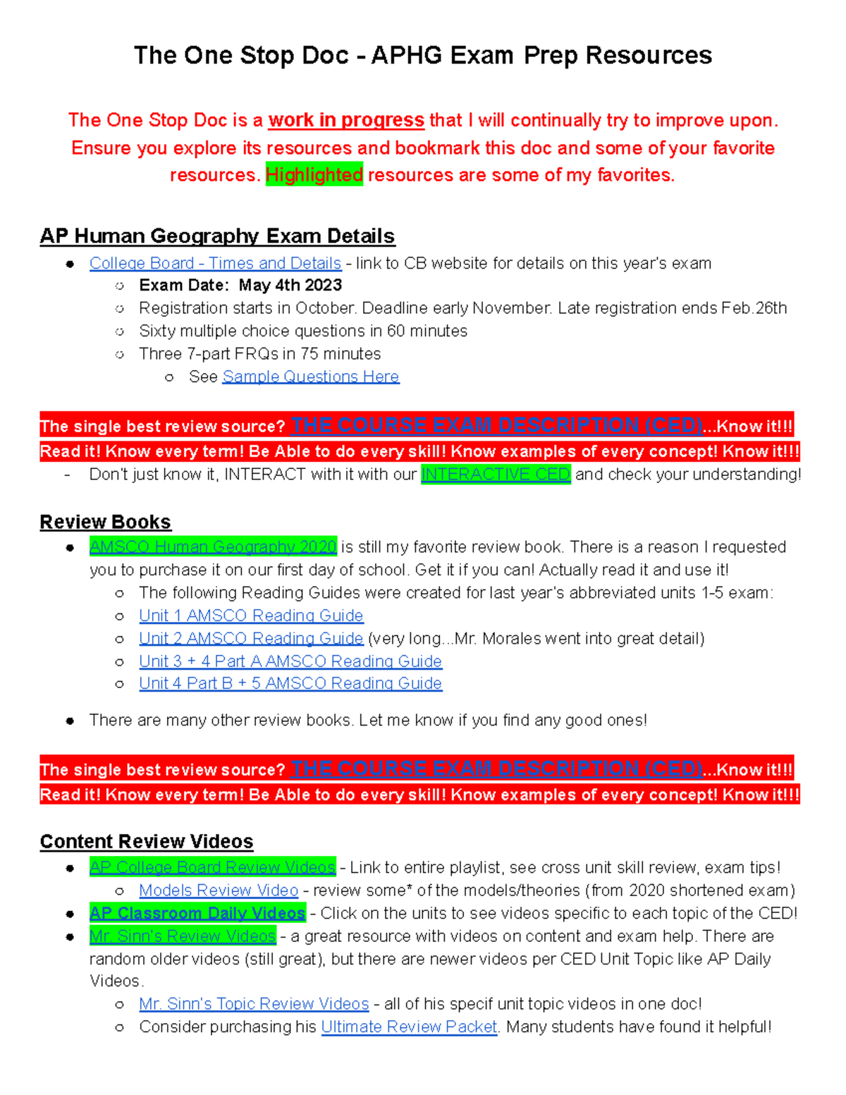 Copy of One Stop DOC APHG Resources The One Stop Doc APHG Exam