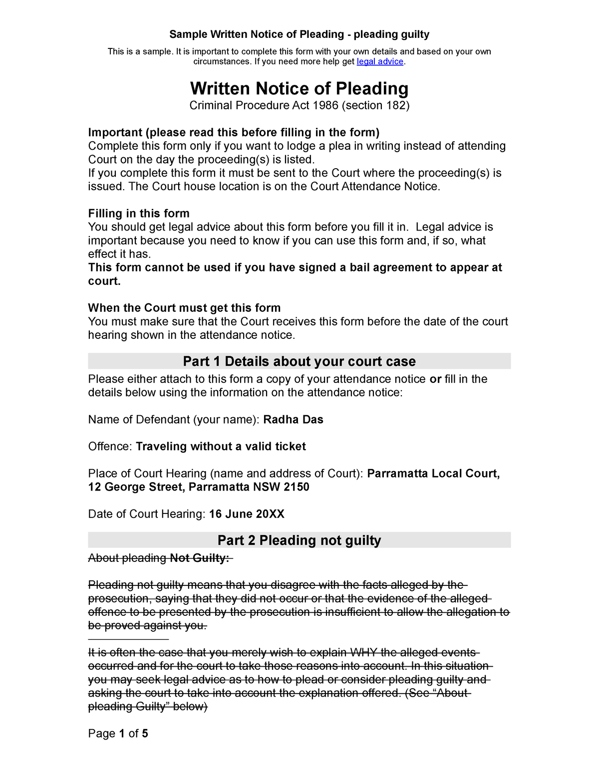 Sample written notice of pleading pleading guilty Sample Written