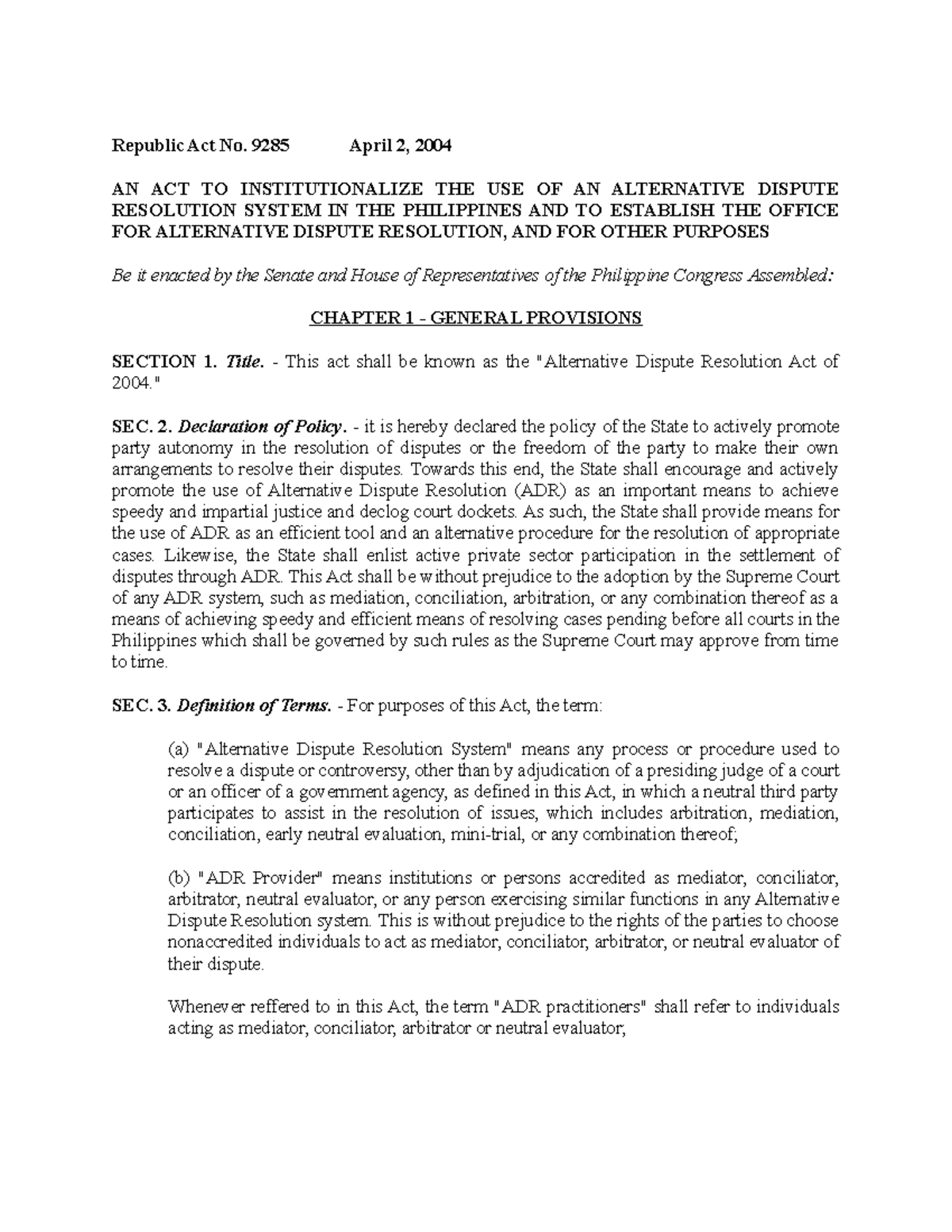 Alternative Dispute Resolution Act of 2004 - Republic Act No. 9285 ...