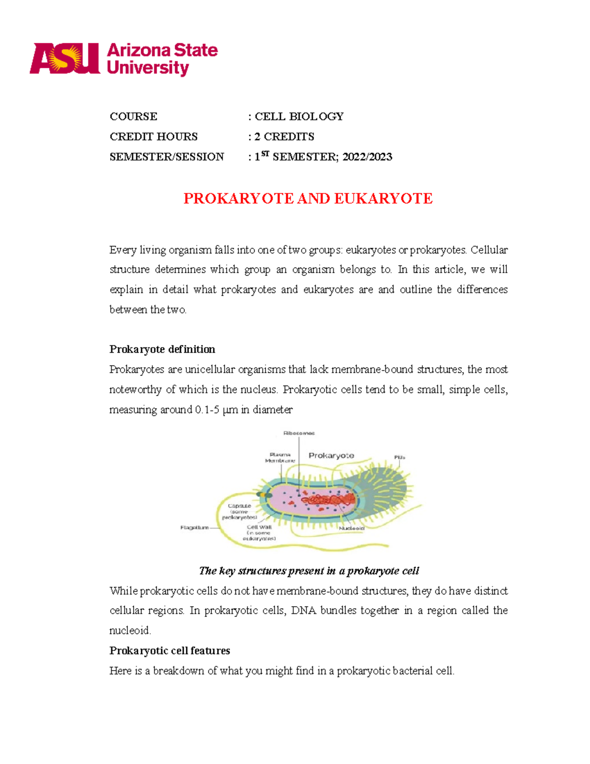 Lecturer Notes Prokaryote AND Eukaryote - COURSE : CELL BIOLOGY CREDIT ...