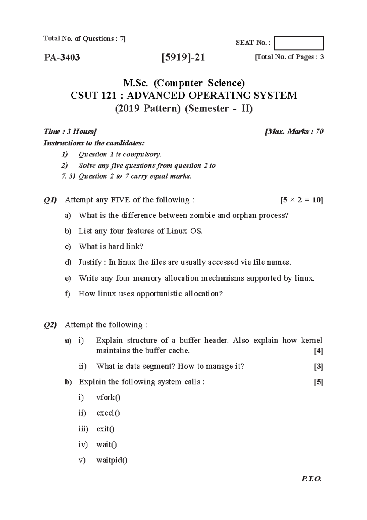 M.SC ( Computer Science ) 2019 Pattern question paper - Total No. of ...