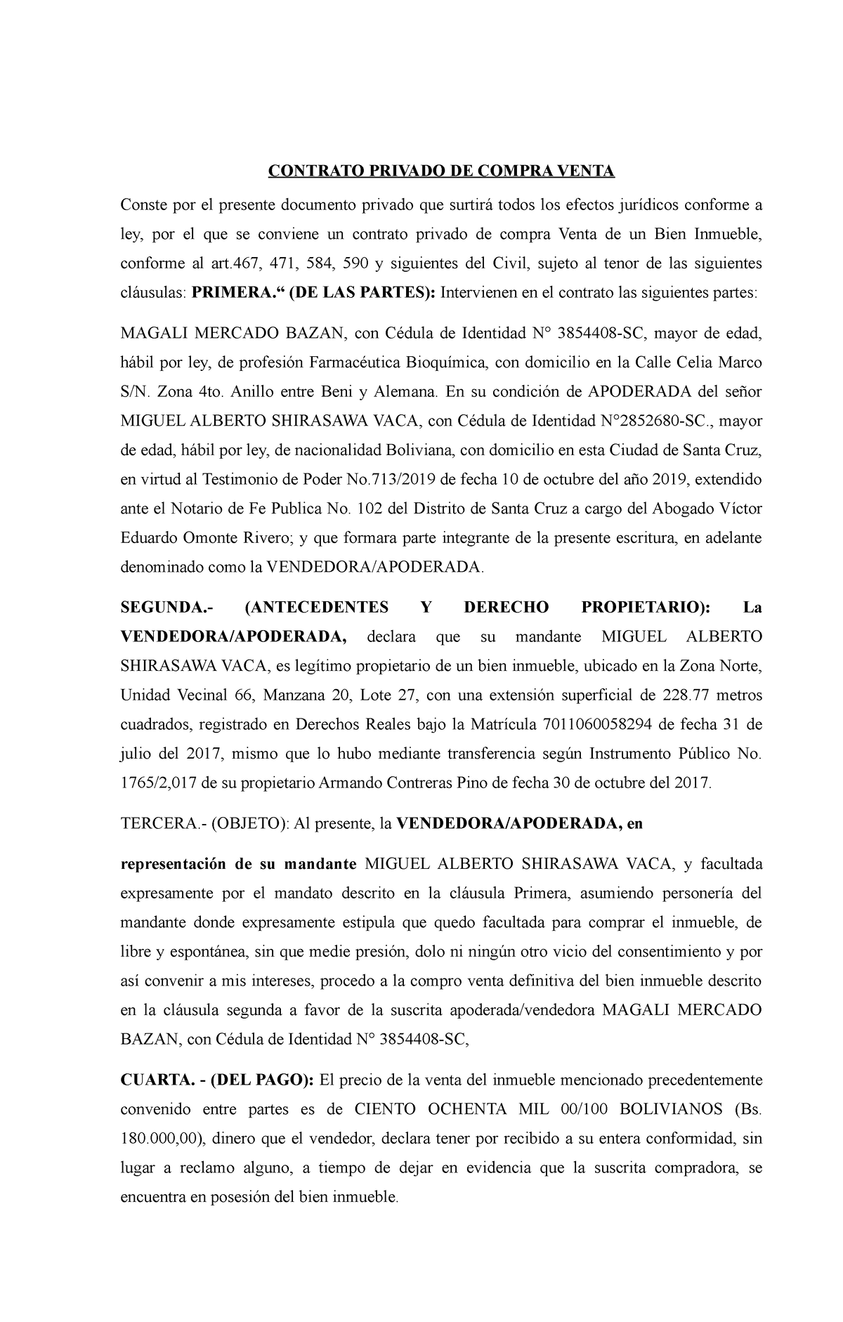 Contrato Privado DE Compra Venta - CONTRATO PRIVADO DE COMPRA VENTA Conste  por el presente documento - Studocu