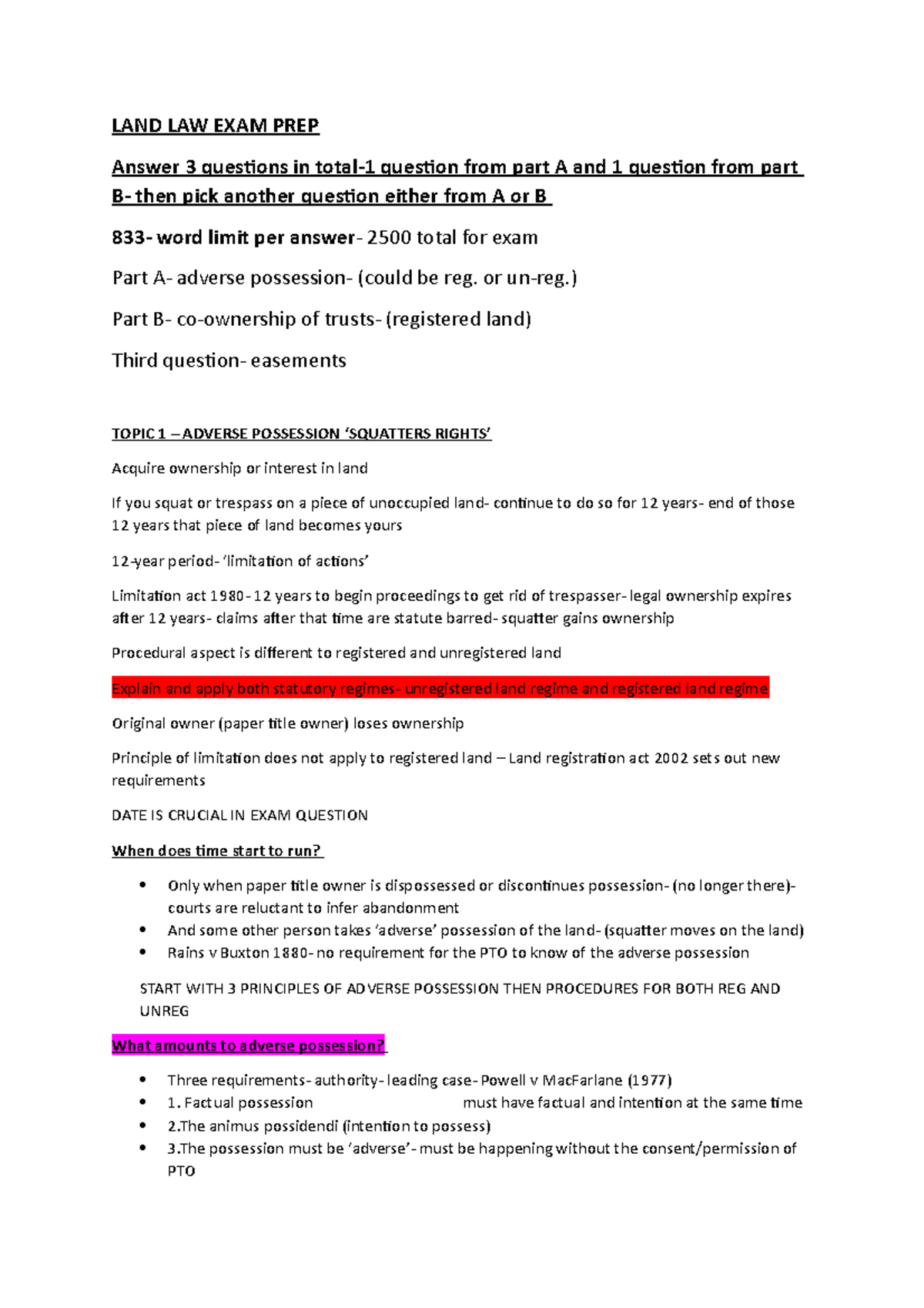 LAND LAW summary of lessons taught in class LAND LAW EXAM PREP Answer