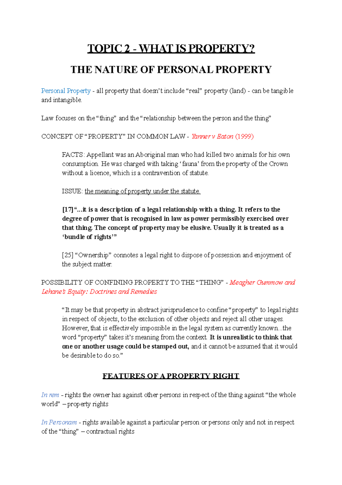 Week 2 - Personal Property JH - TOPIC 2 - WHAT IS PROPERTY? THE NATURE ...