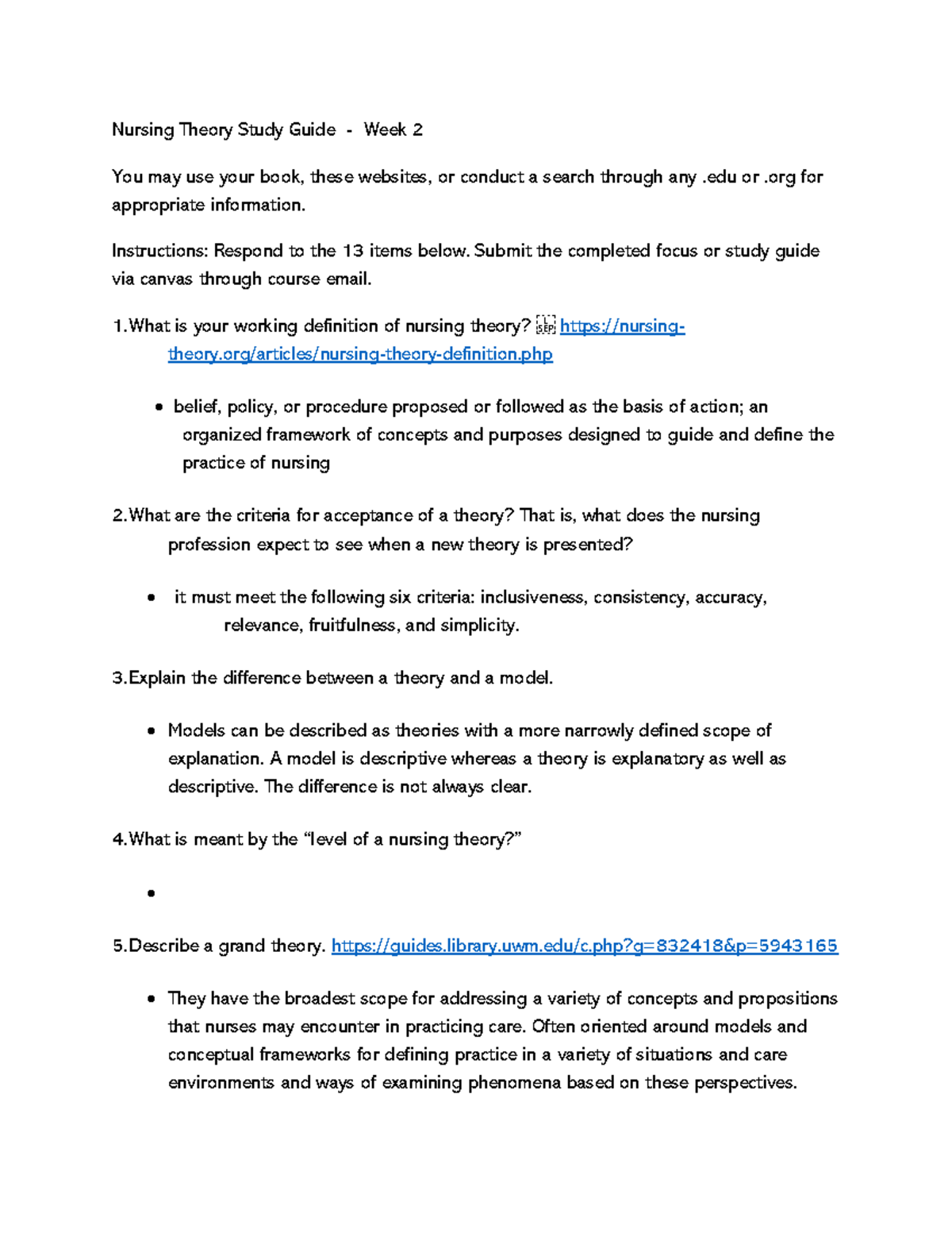 Week 2 - Nursing Theory Study Guide - Nursing Theory Study Guide - Week ...