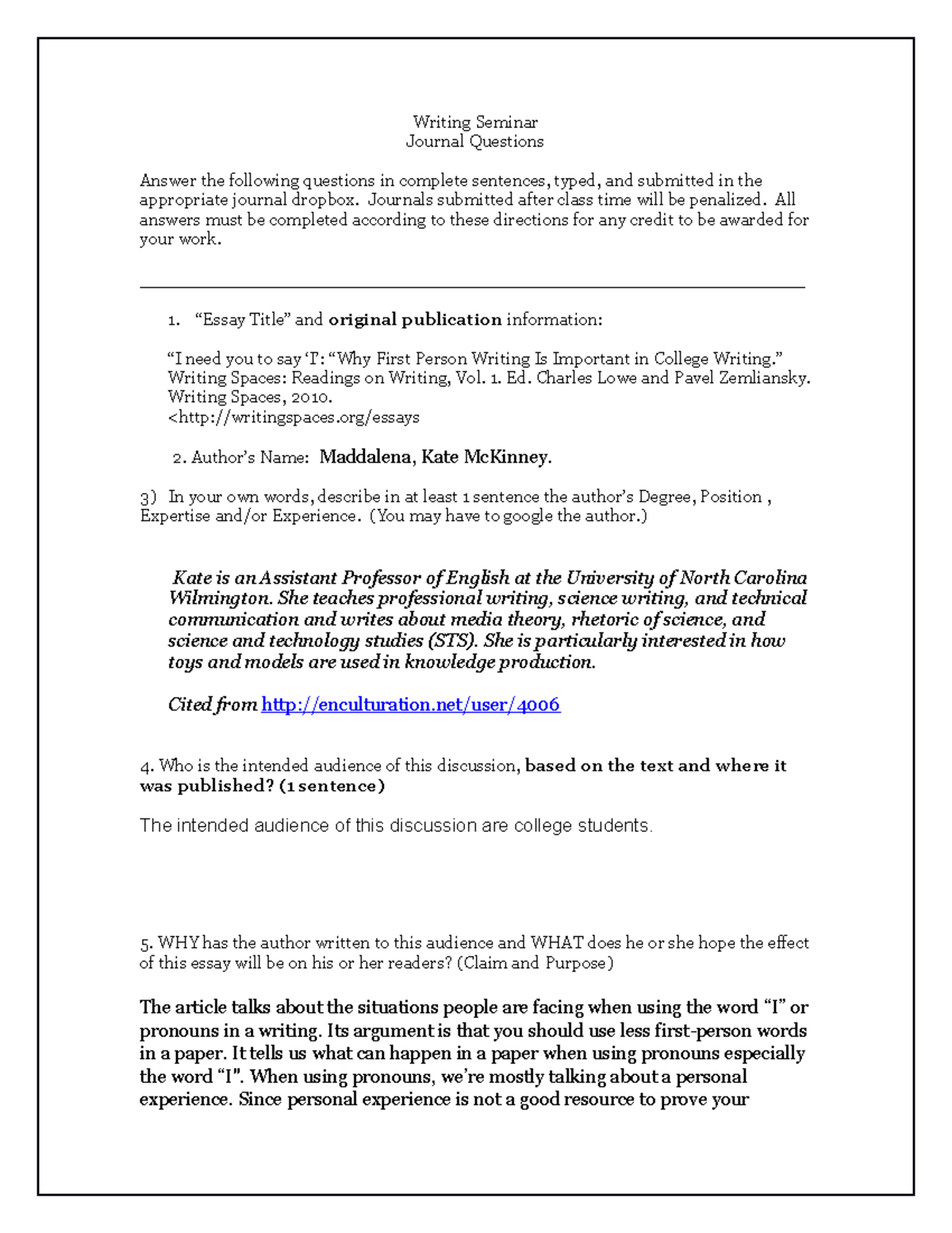 Reading journal 5 - Writing Seminar Journal Questions Answer the ...