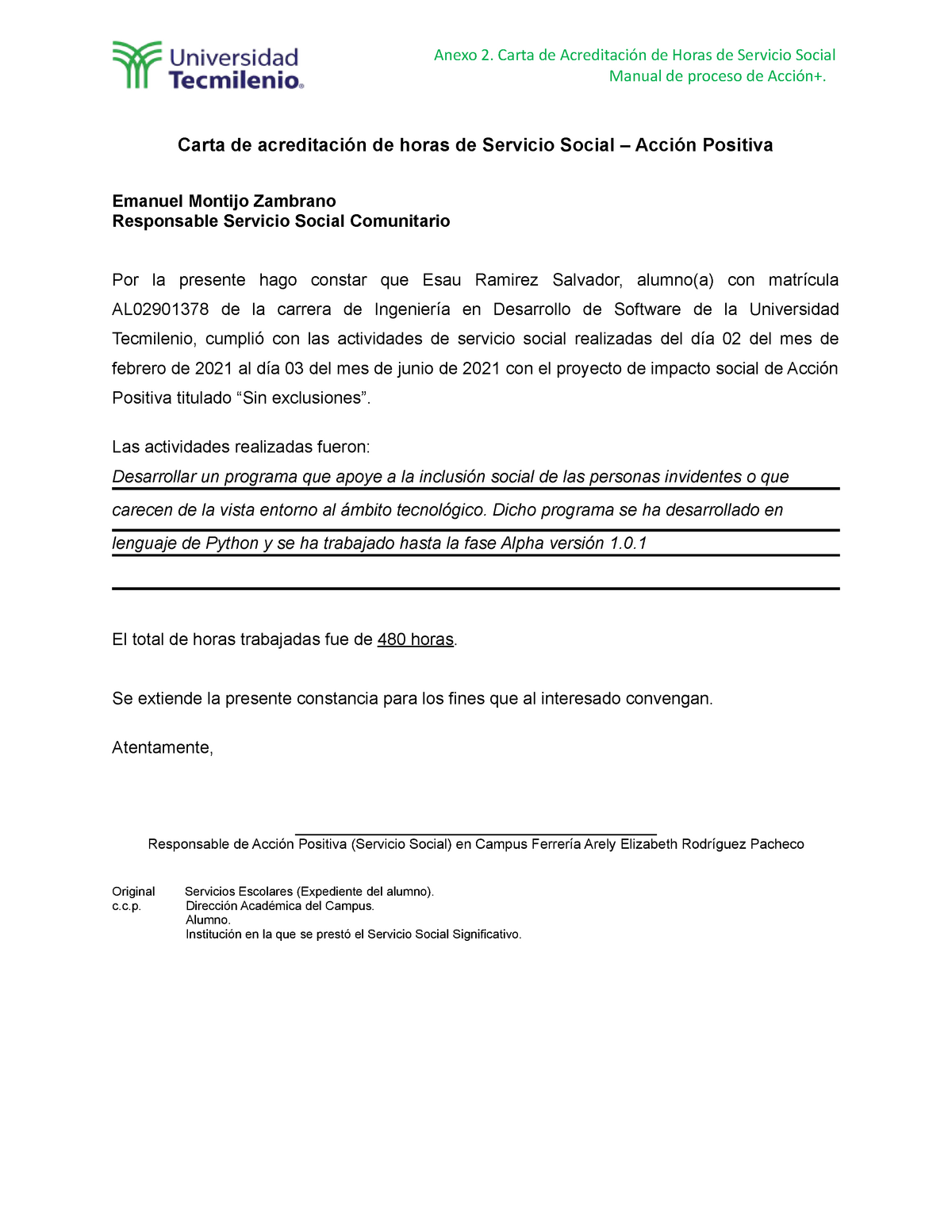 Anexo 2 Carta De Liberación De Servicio Social Con Acción Positiva 1 Anexo 2 Carta De 