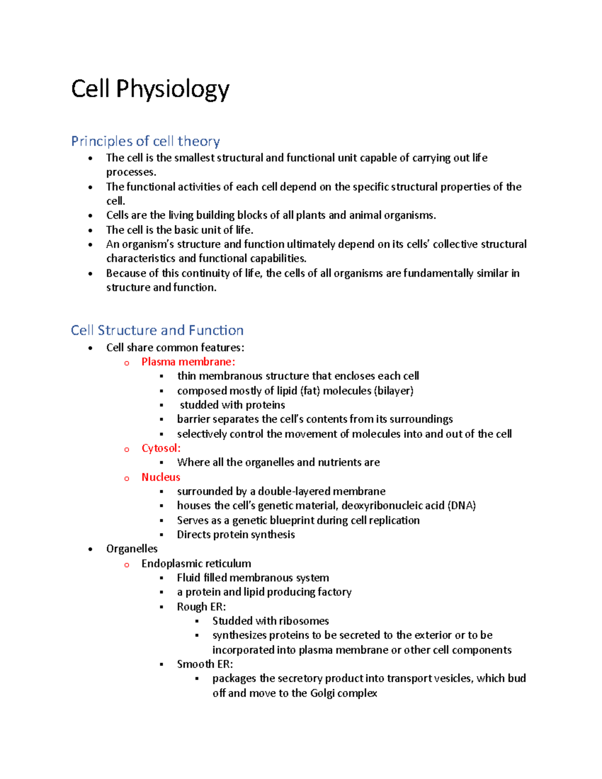 Cell Physiology - LECTURE NOTES - Cell Physiology Principles of cell ...
